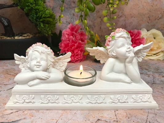 Angelic Cherubs Resin Candle Holder, Elegant Twin Cherub Tealight Stand, Indoor Decorative Angel Figurine, Heavenly Inspired Home Accent-Osiris Craftworks