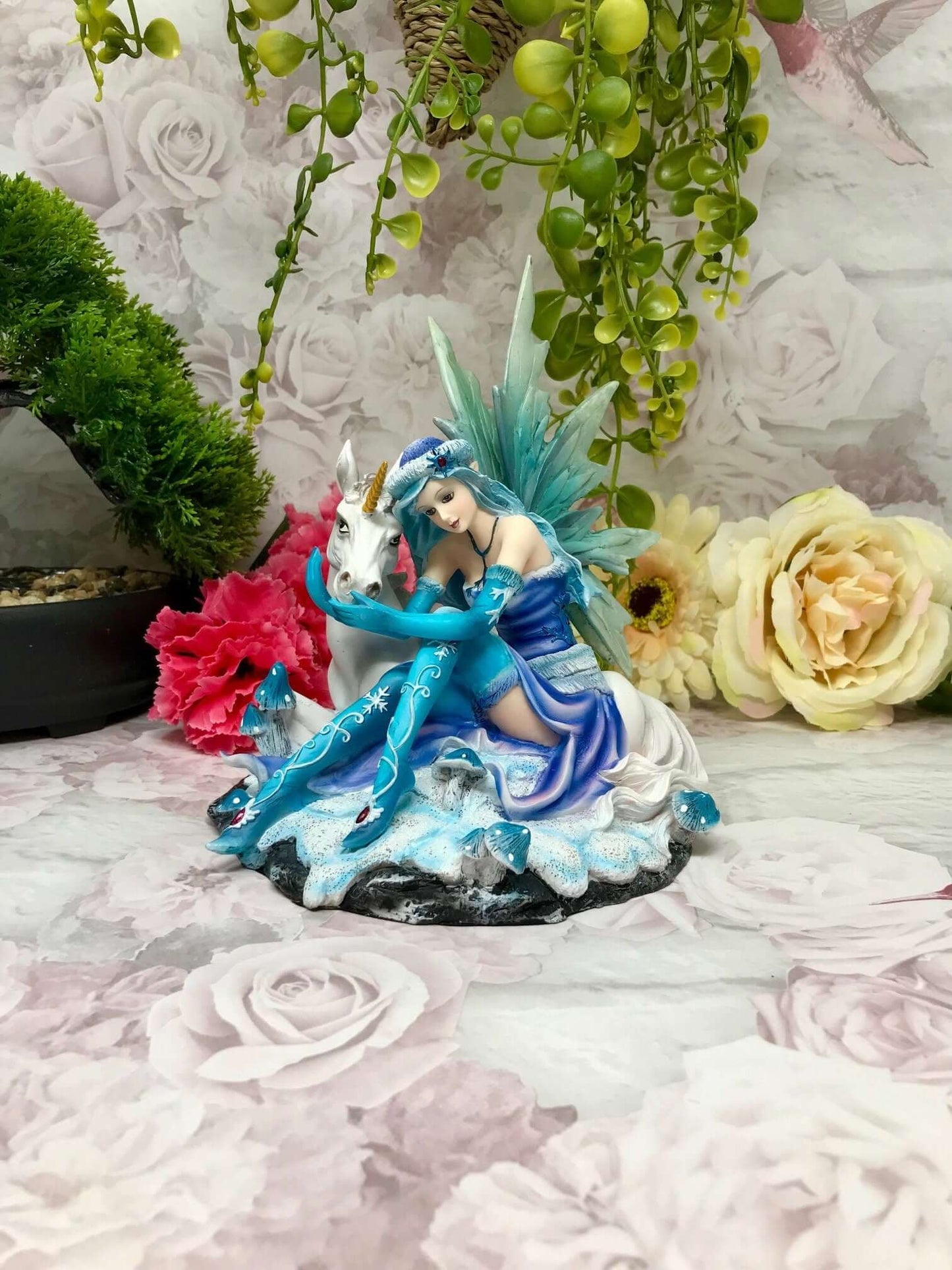 Sitting Blue Winter Fairy with Unicorn Display Figurine Statue Ornament-Osiris Craftworks