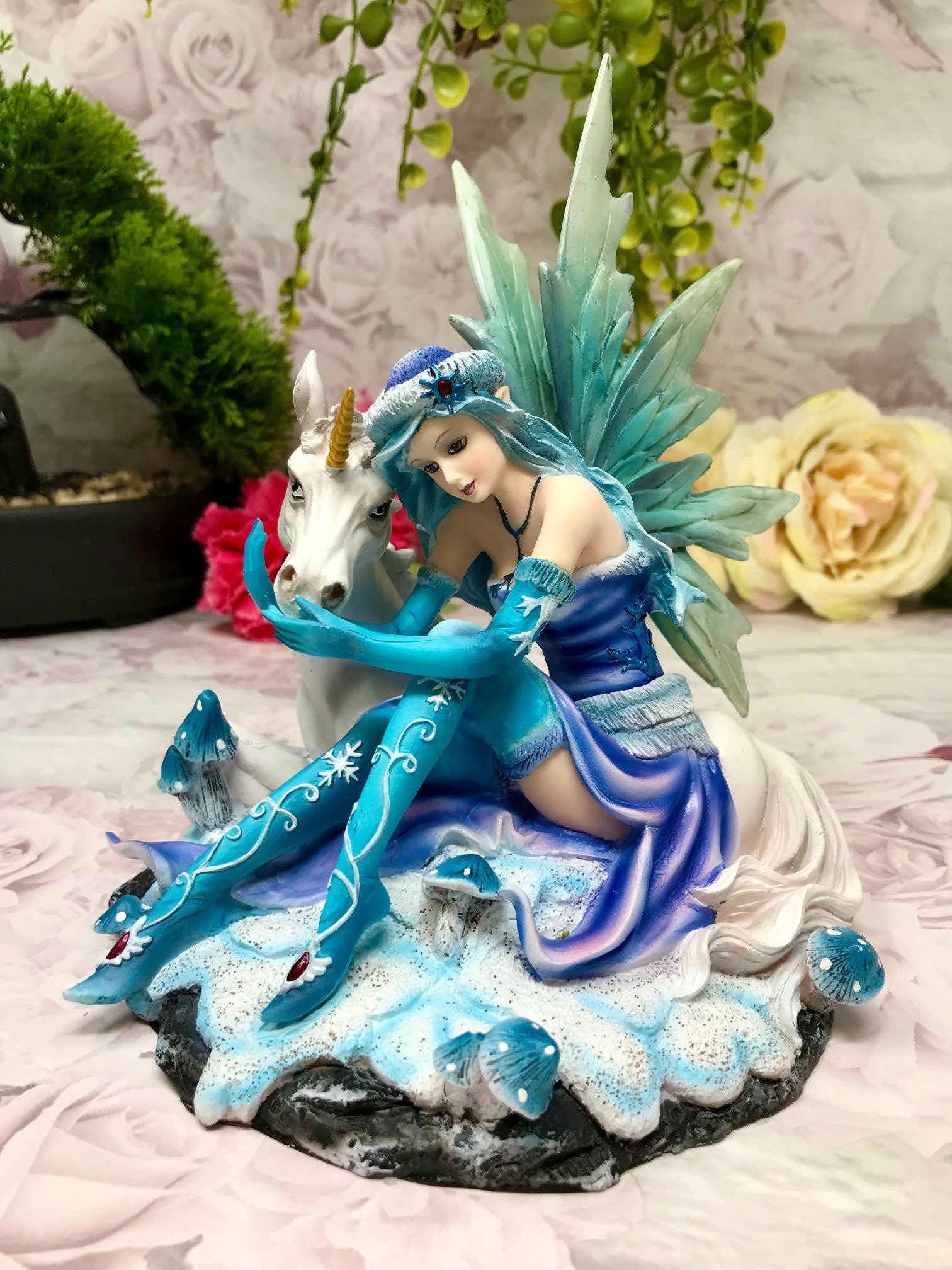 Sitting Blue Winter Fairy with Unicorn Display Figurine Statue Ornament-Osiris Craftworks