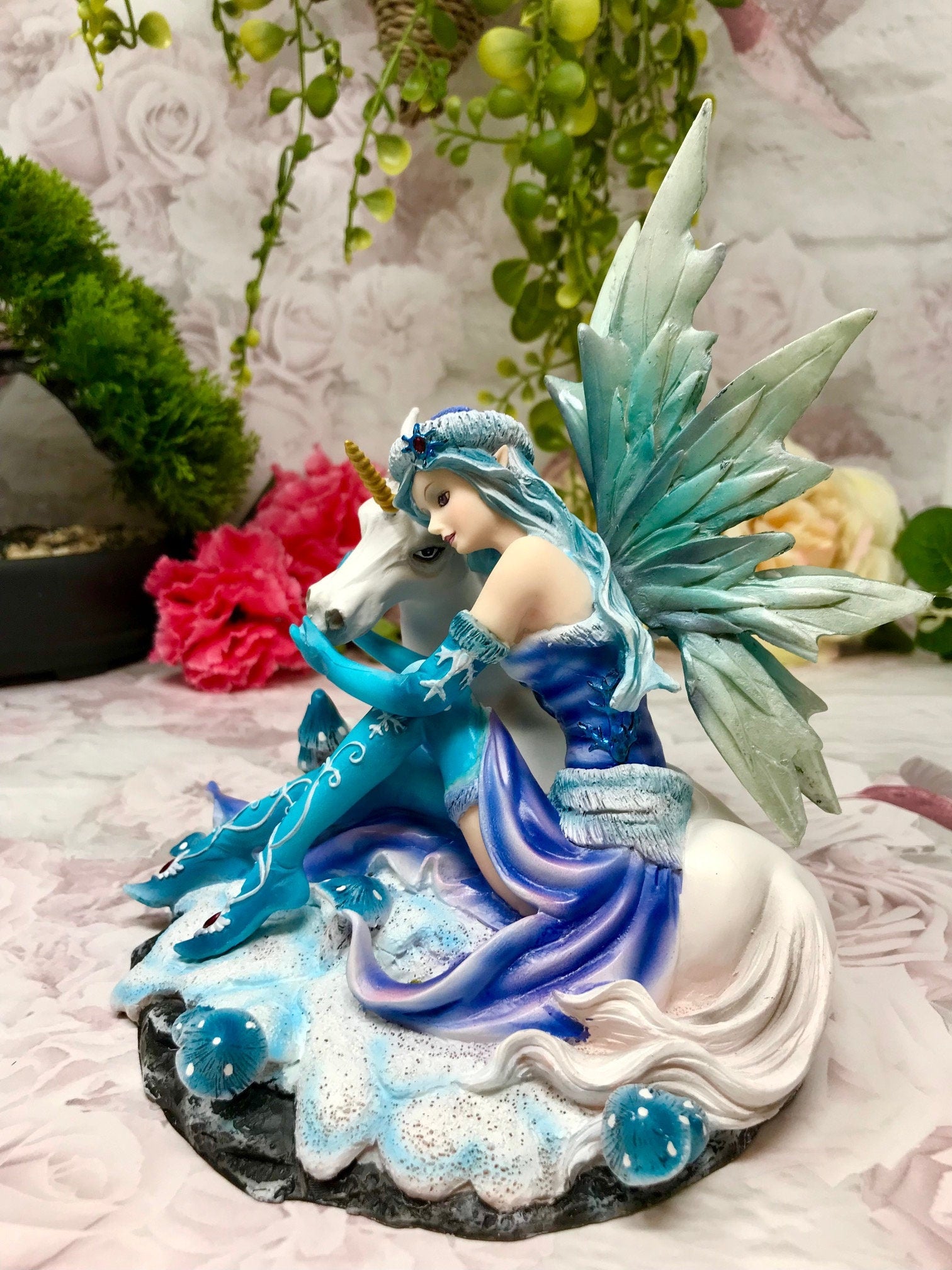 Sitting Blue Winter Fairy with Unicorn Display Figurine Statue Ornament-Osiris Craftworks