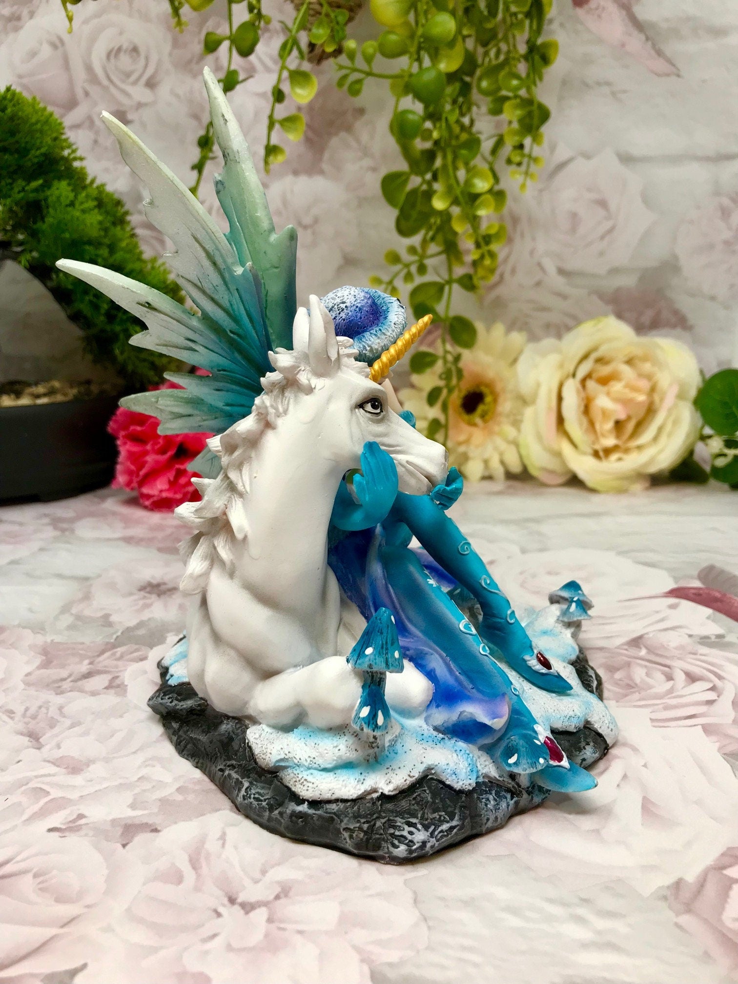 Sitting Blue Winter Fairy with Unicorn Display Figurine Statue Ornament-Osiris Craftworks