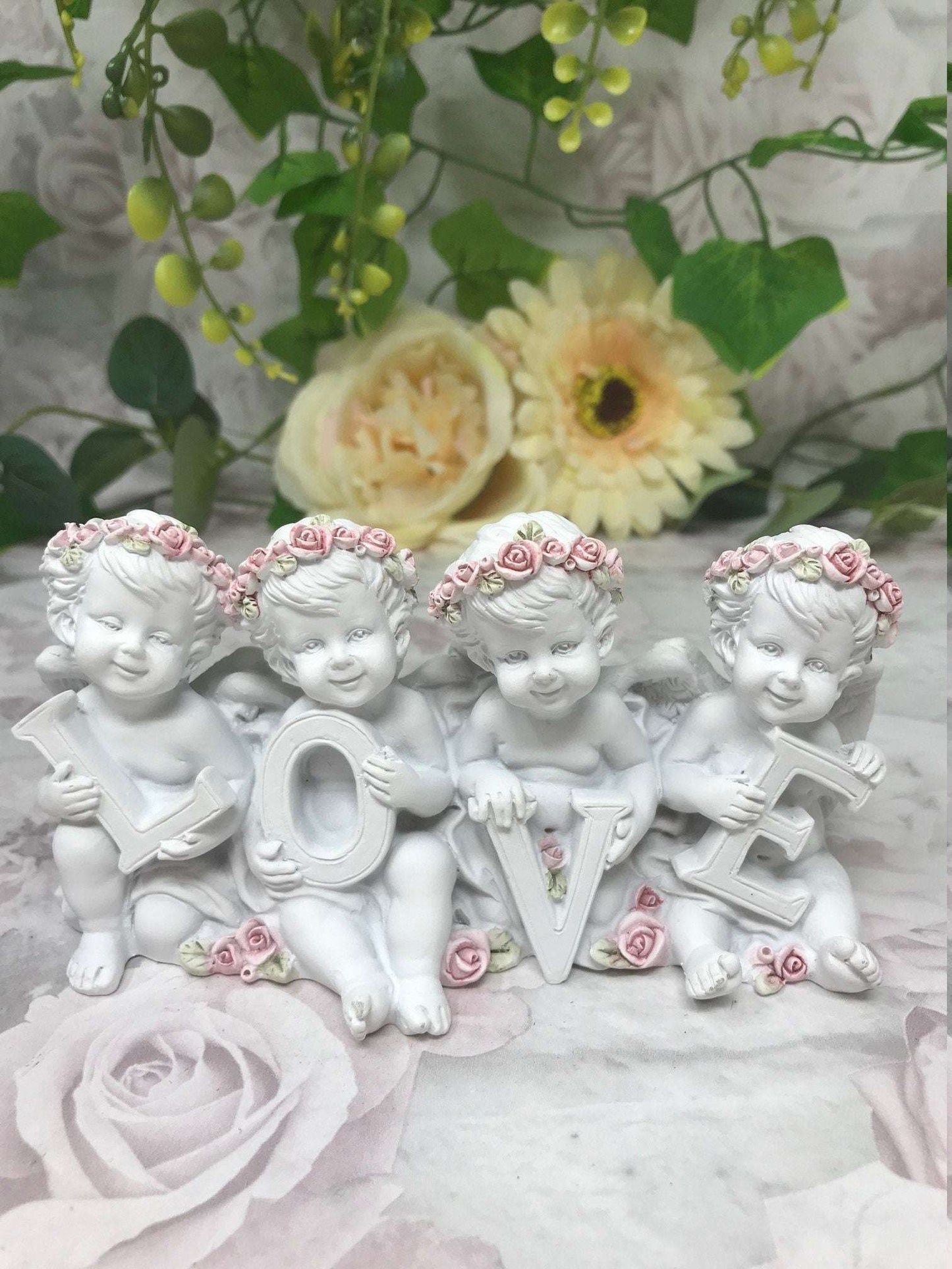 Cherub LOVE Letter Statues, Angelic Figurines, Resin Crafted Cherubs with Roses, Home Decor Sculptures, Romantic Tabletop Ornament-Osiris Craftworks