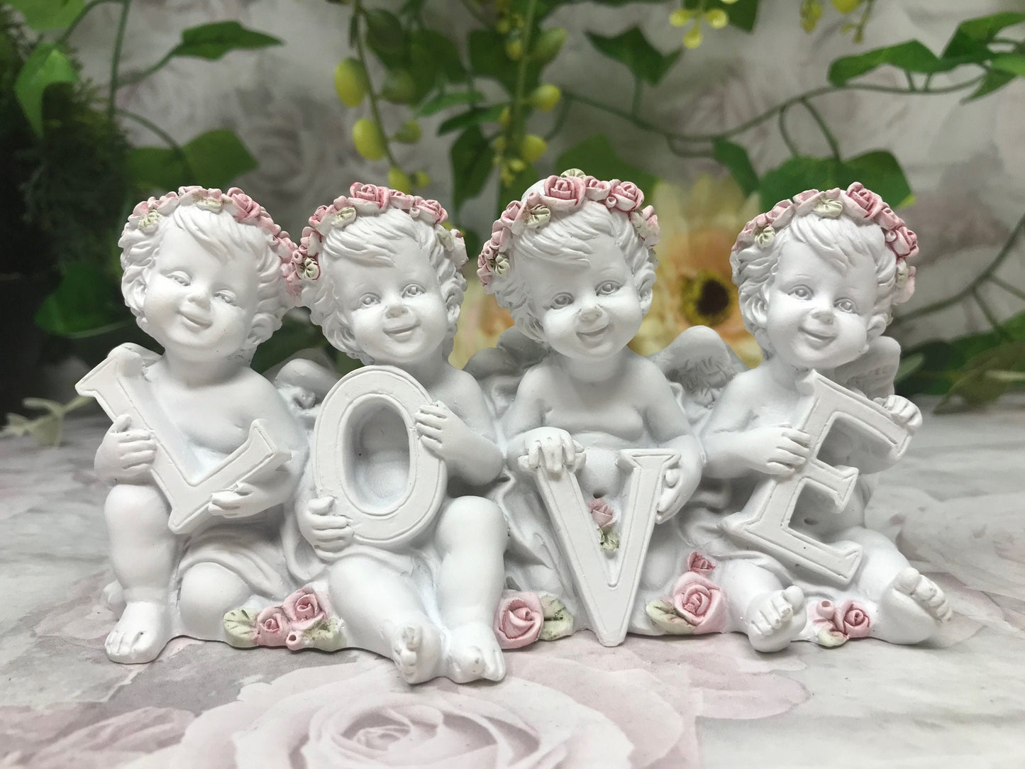 Cherub LOVE Letter Statues, Angelic Figurines, Resin Crafted Cherubs with Roses, Home Decor Sculptures, Romantic Tabletop Ornament-Osiris Craftworks