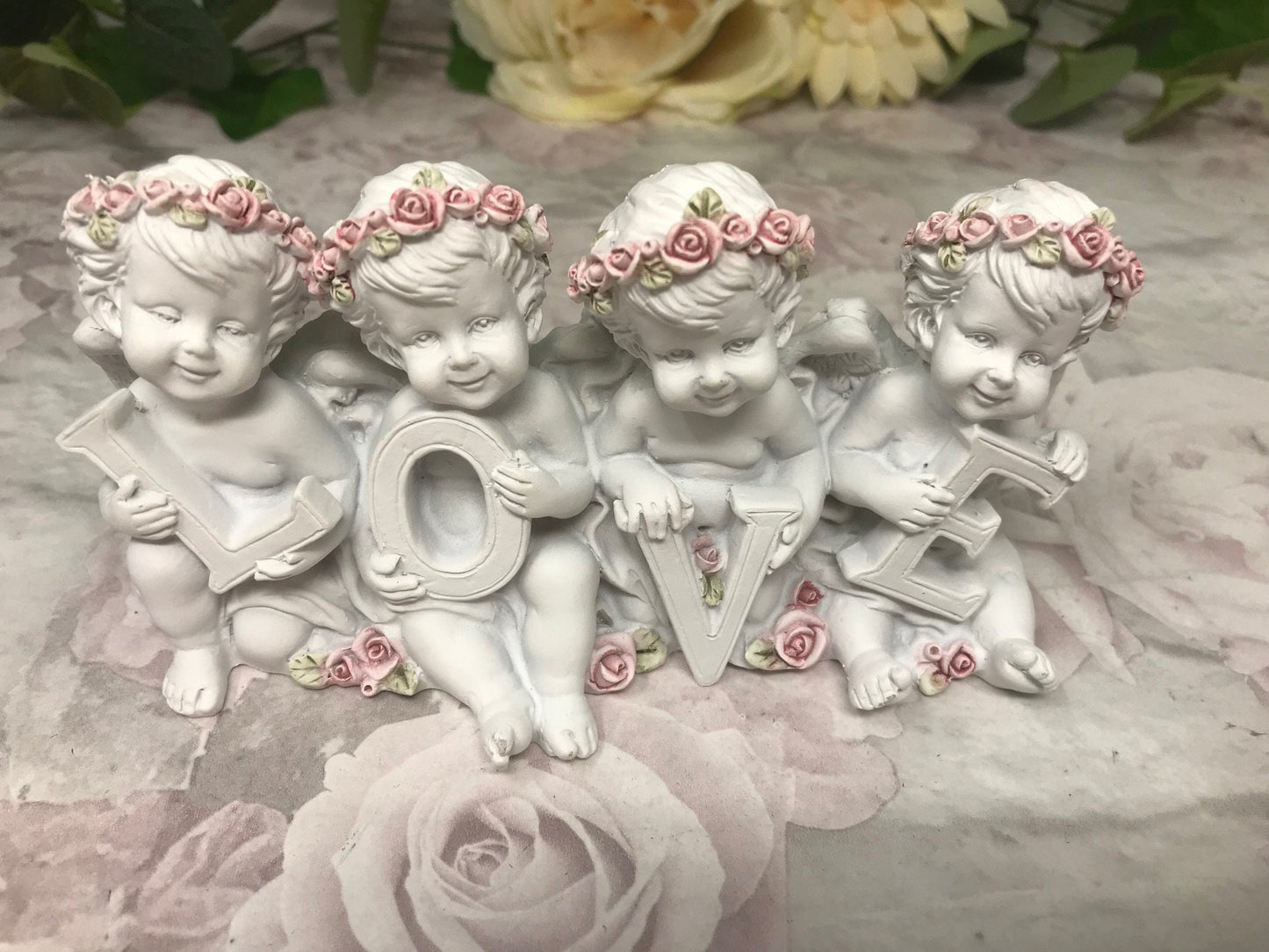 Cherub LOVE Letter Statues, Angelic Figurines, Resin Crafted Cherubs with Roses, Home Decor Sculptures, Romantic Tabletop Ornament-Osiris Craftworks