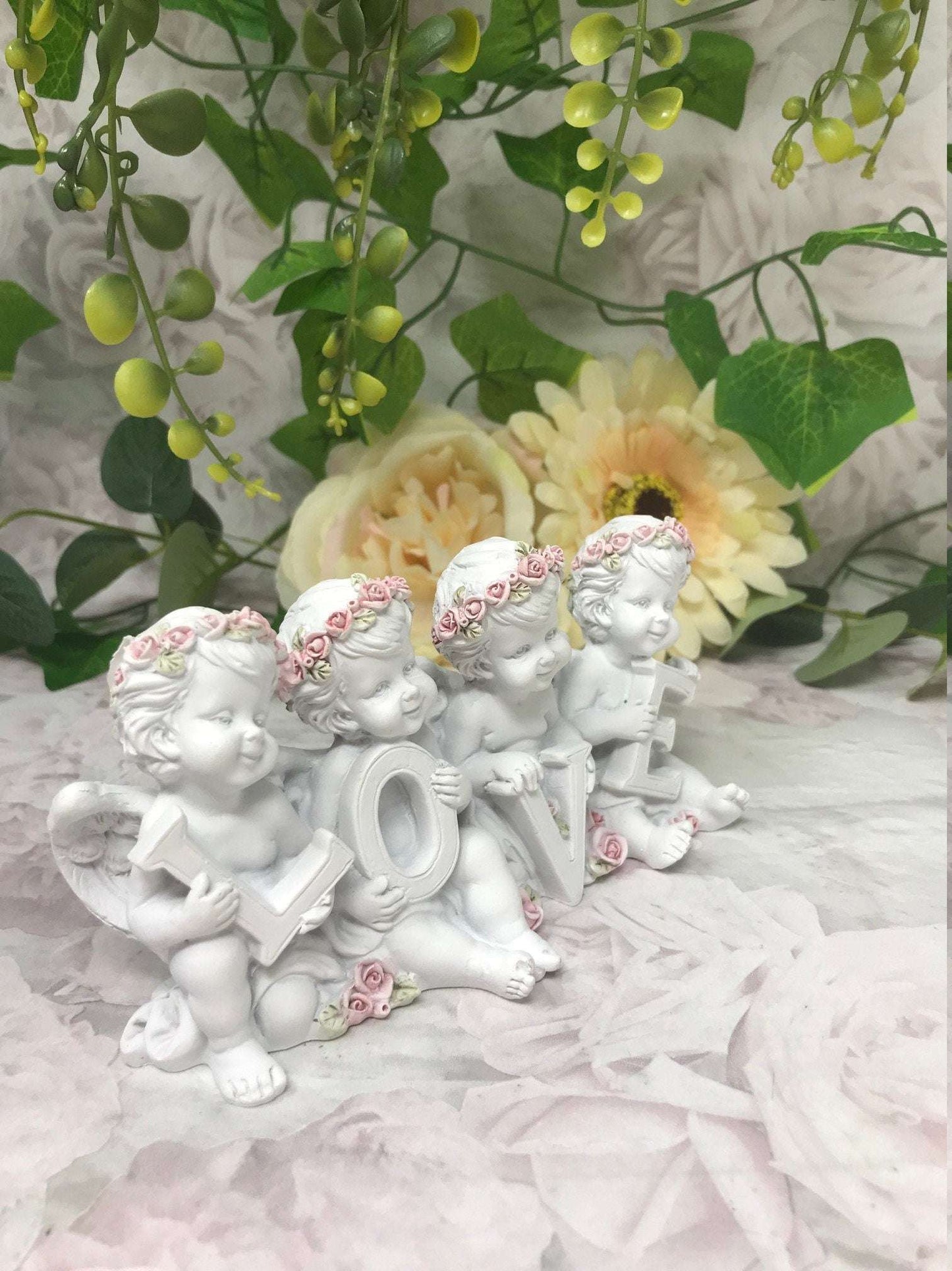 Cherub LOVE Letter Statues, Angelic Figurines, Resin Crafted Cherubs with Roses, Home Decor Sculptures, Romantic Tabletop Ornament-Osiris Craftworks