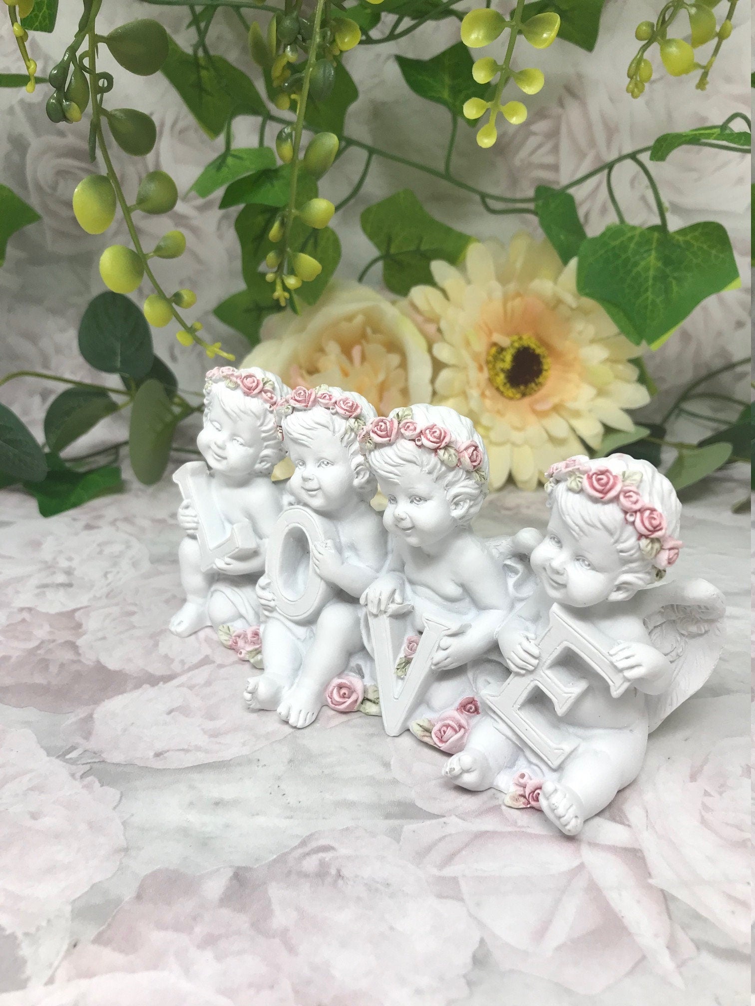 Cherub LOVE Letter Statues, Angelic Figurines, Resin Crafted Cherubs with Roses, Home Decor Sculptures, Romantic Tabletop Ornament-Osiris Craftworks