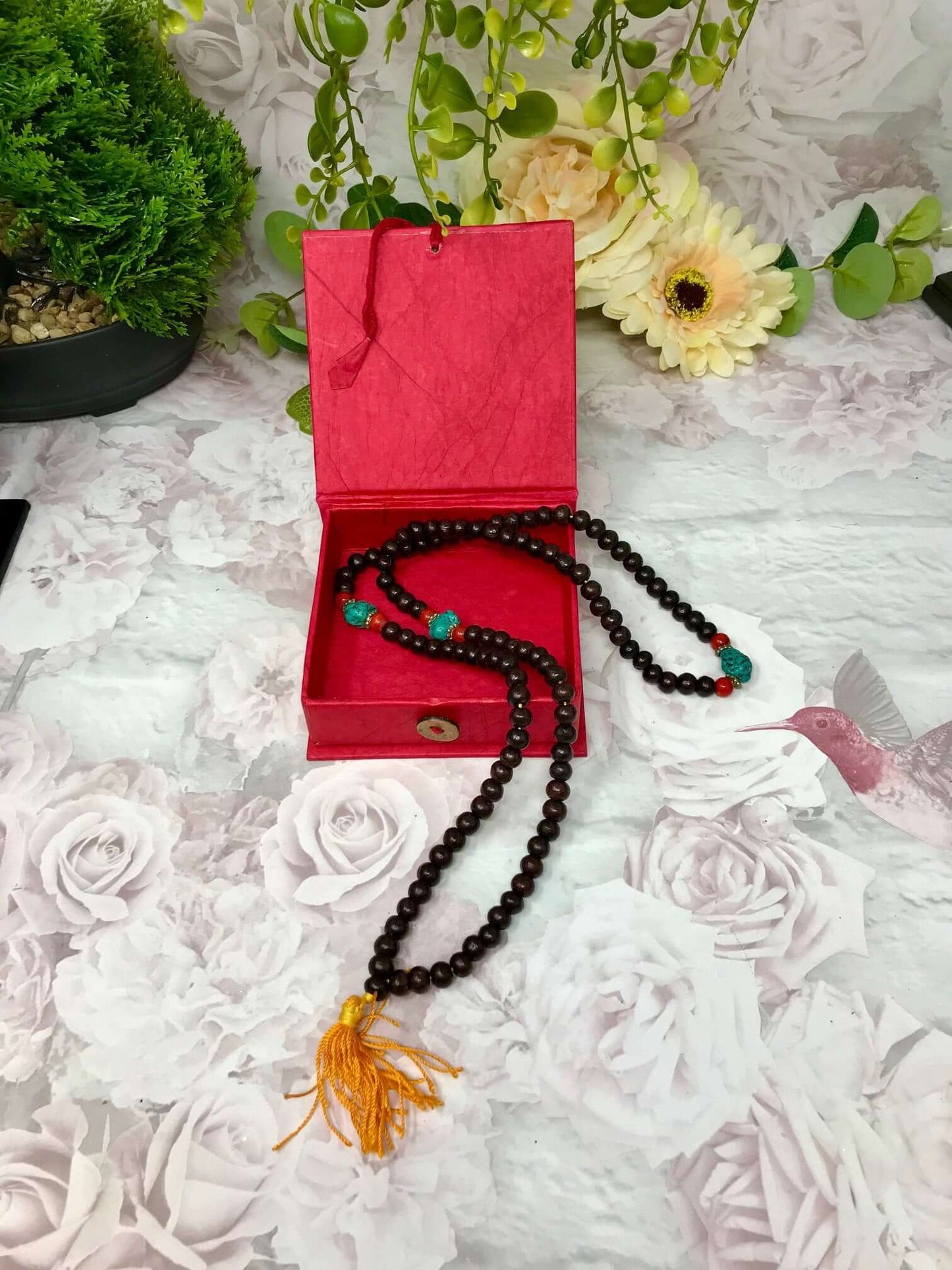 Tibetan Rosewood Prayer Beads Mala - Buddhist Meditation Rosary with Friendship Knot, Spiritual Gift in Elegant Red Box, Yoga Accessory-Osiris Craftworks