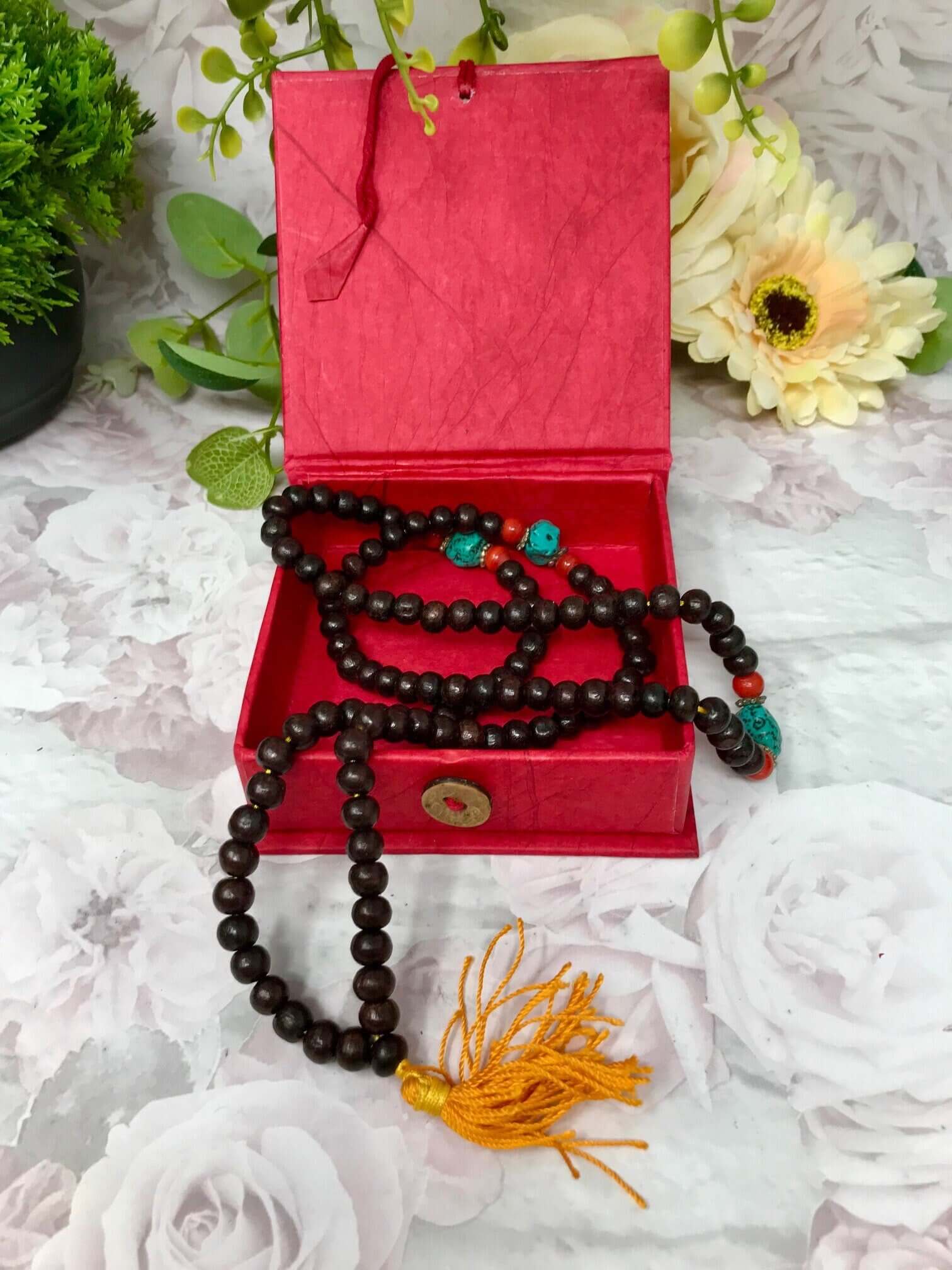 Tibetan Rosewood Prayer Beads Mala - Buddhist Meditation Rosary with Friendship Knot, Spiritual Gift in Elegant Red Box, Yoga Accessory-Osiris Craftworks