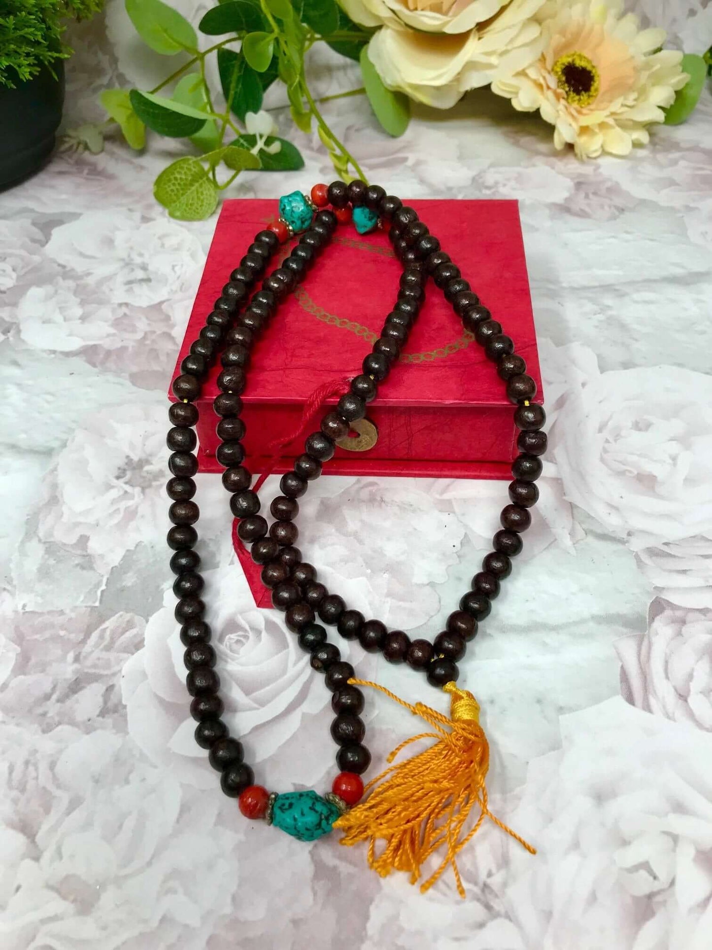 Tibetan Rosewood Prayer Beads Mala - Buddhist Meditation Rosary with Friendship Knot, Spiritual Gift in Elegant Red Box, Yoga Accessory-Osiris Craftworks