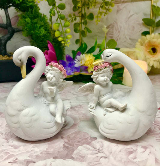 Pair of Cherubs Riding Swans Figurines Cherub Collection Home Decoration Ornaments-Osiris Craftworks