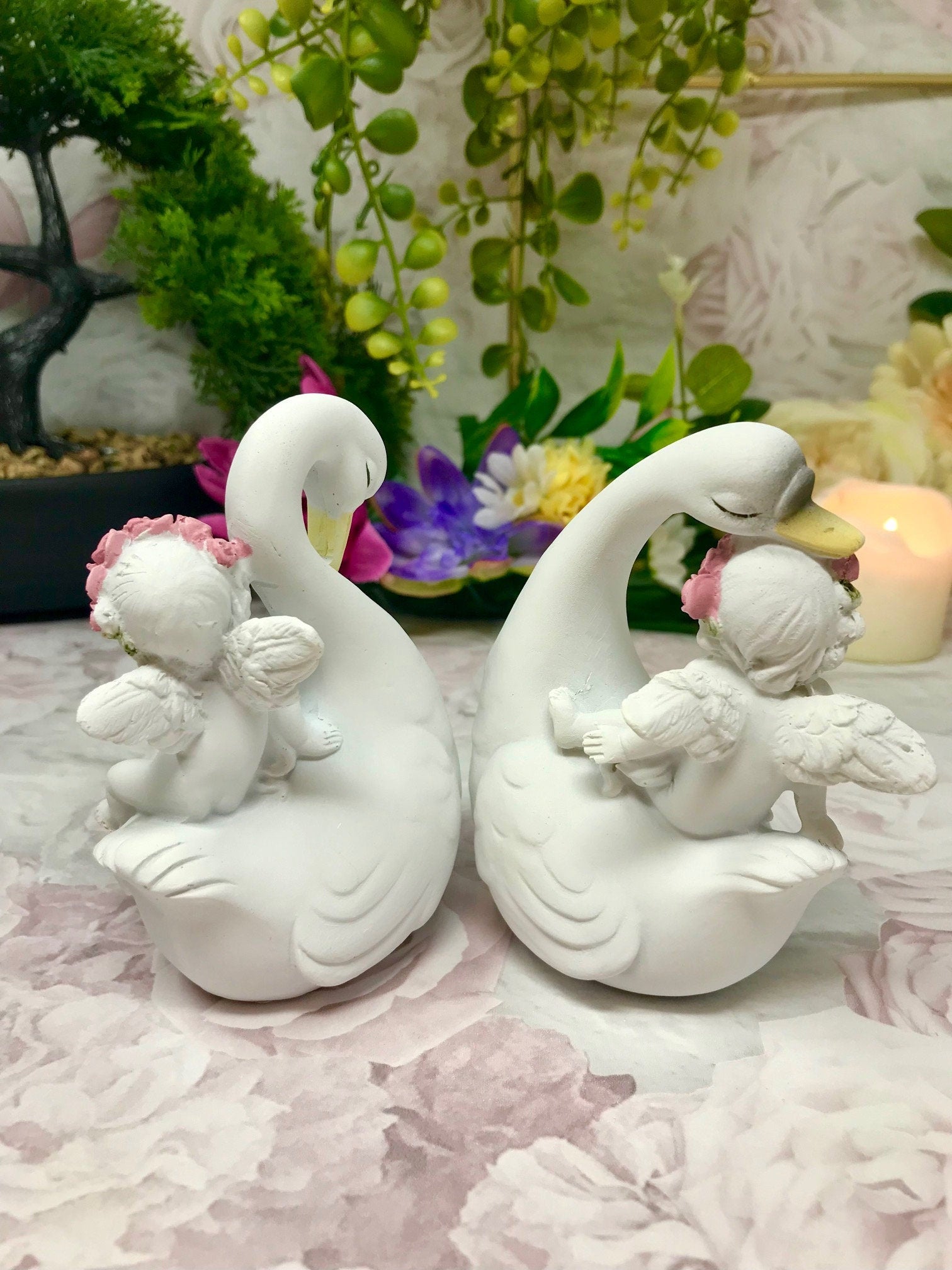 Pair of Cherubs Riding Swans Figurines Cherub Collection Home Decoration Ornaments-Osiris Craftworks