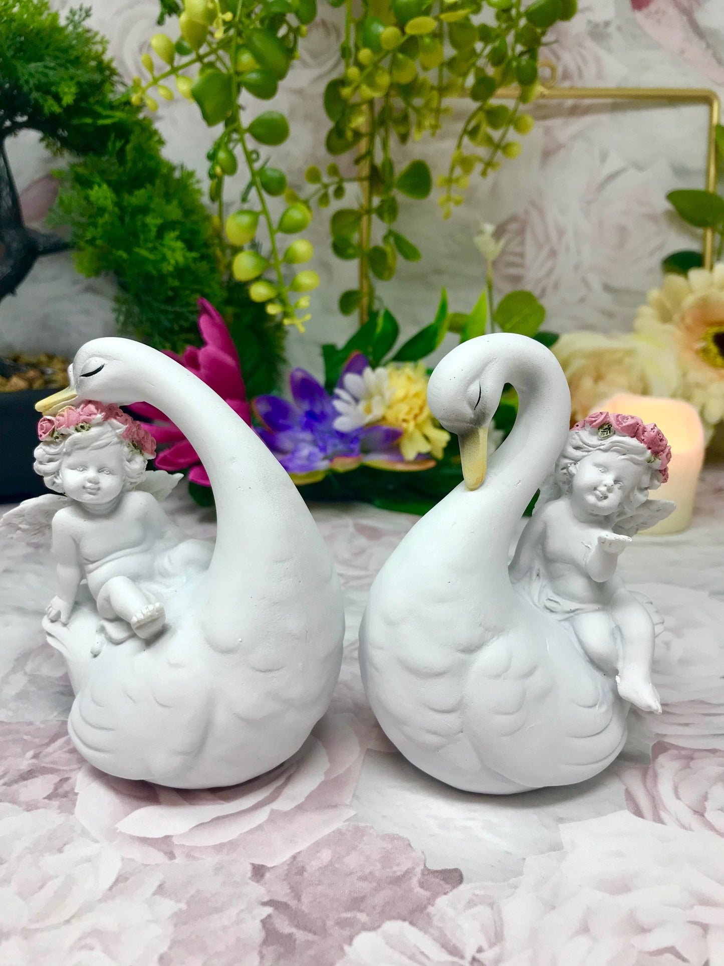 Pair of Cherubs Riding Swans Figurines Cherub Collection Home Decoration Ornaments-Osiris Craftworks