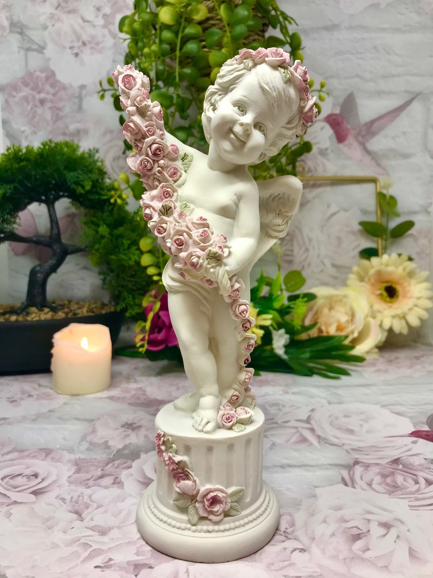 Cherubic Rose Adorned Angel Statue, Elegant Resin Cherub with Floral Garland - Romantic Home Decor Figurine-Osiris Craftworks