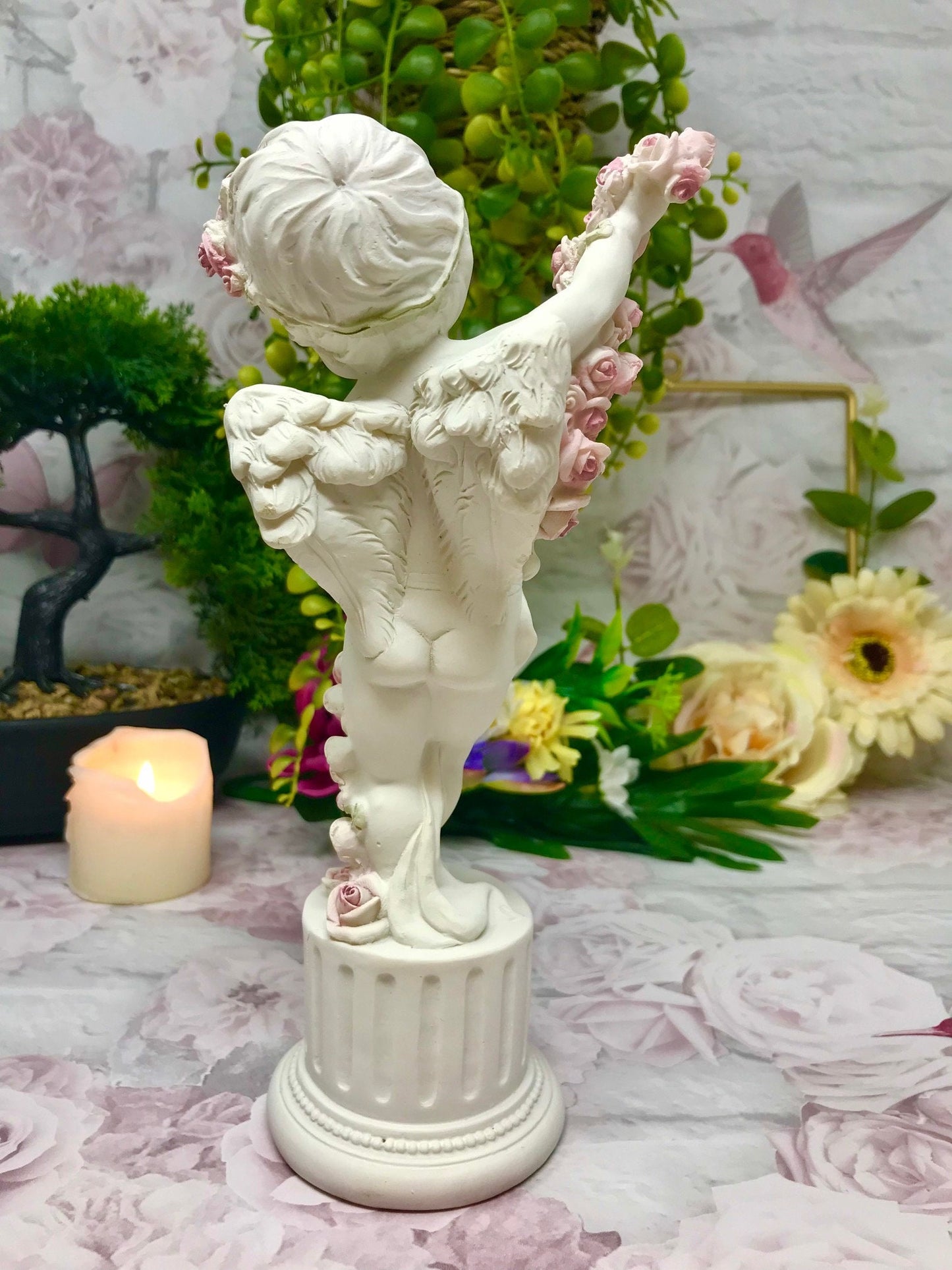 Cherubic Rose Adorned Angel Statue, Elegant Resin Cherub with Floral Garland - Romantic Home Decor Figurine-Osiris Craftworks