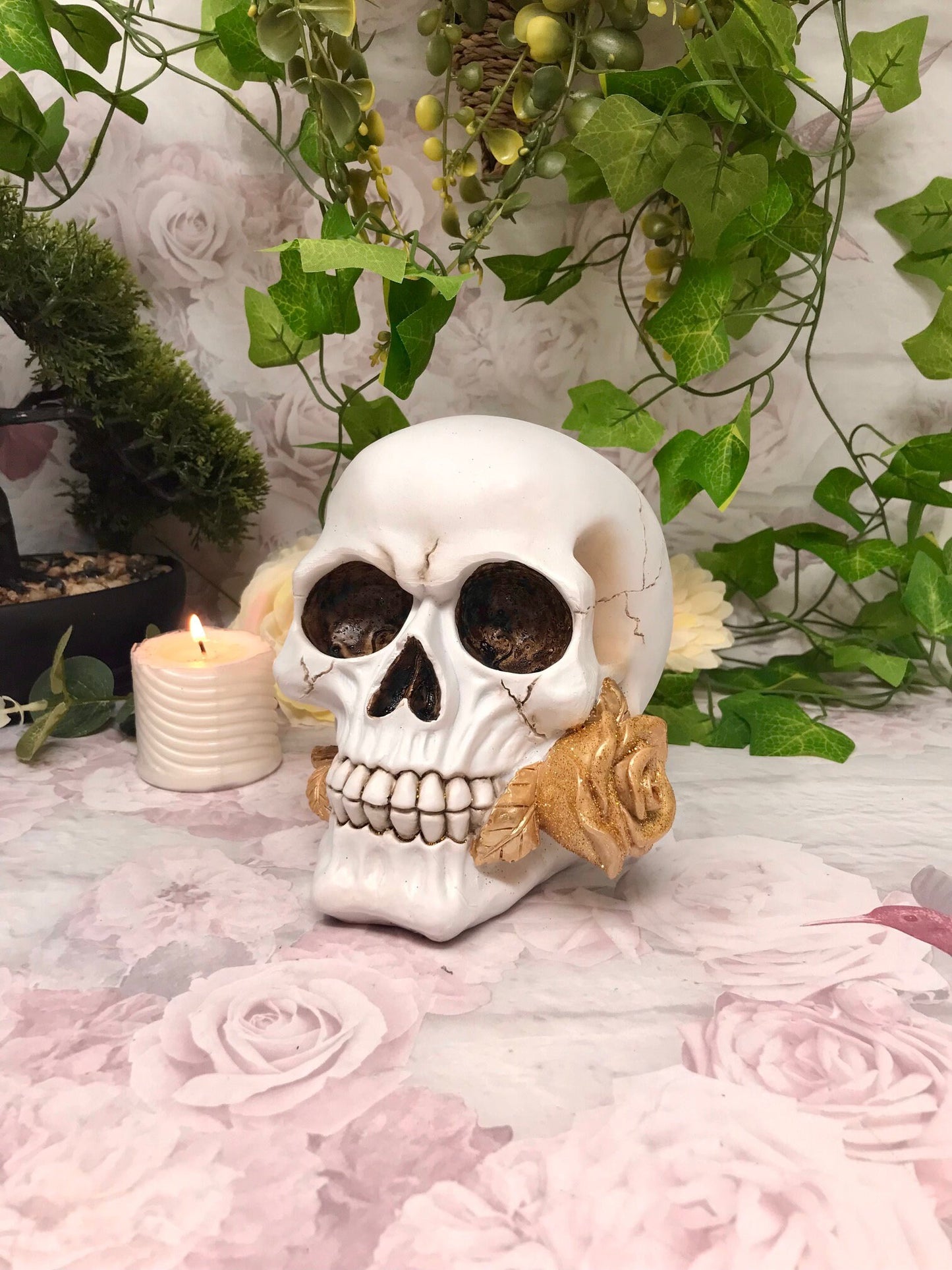 Handmade Novelty Skull with Gold Rose Ornament - Gothic Home Decoration, Skull Sculpture, Quality Cold Cast Resin, Unique Skulls Collection-Osiris Craftworks