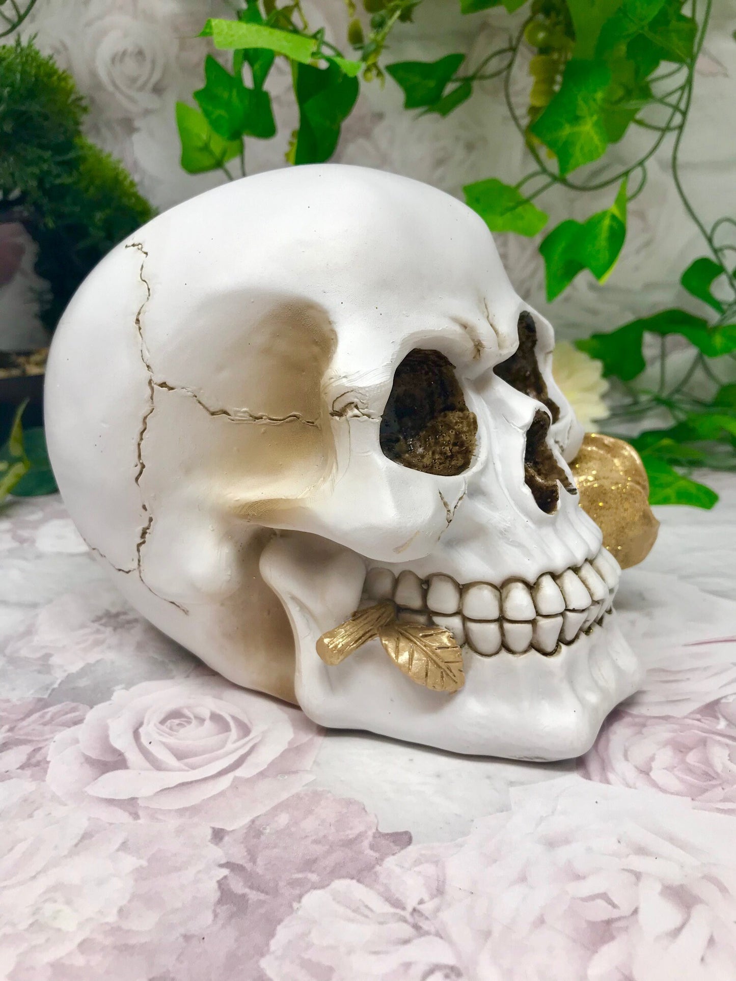 Handmade Novelty Skull with Gold Rose Ornament - Gothic Home Decoration, Skull Sculpture, Quality Cold Cast Resin, Unique Skulls Collection-Osiris Craftworks