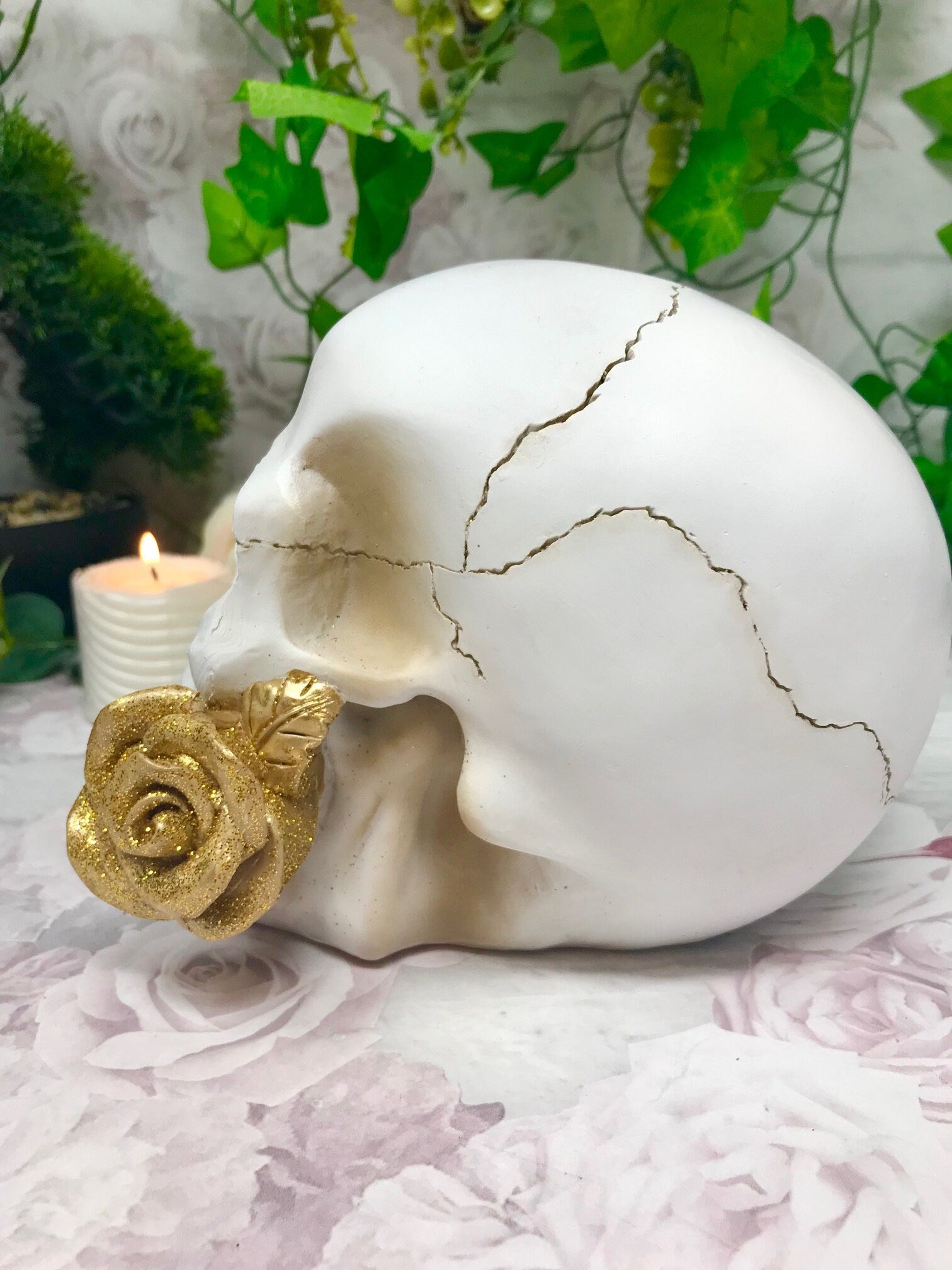 Handmade Novelty Skull with Gold Rose Ornament - Gothic Home Decoration, Skull Sculpture, Quality Cold Cast Resin, Unique Skulls Collection-Osiris Craftworks