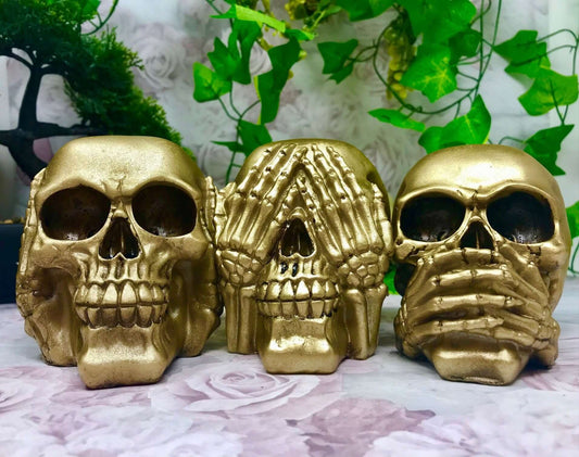 Golden Trio of Wisdom Skulls Figurines, Gothic Hear See Speak No Evil Decor, Resin Skull Ornaments, Mystical Gothic Art, Unique Home Accent-Osiris Craftworks