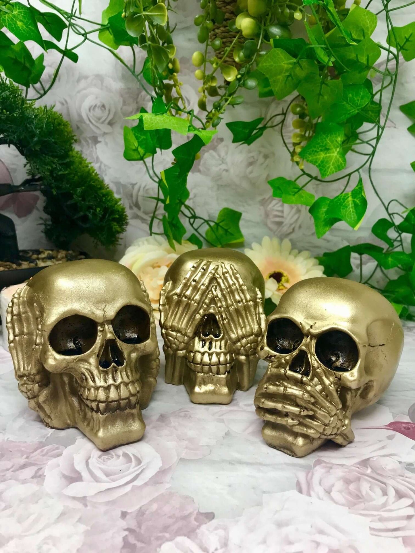 Golden Trio of Wisdom Skulls Figurines, Gothic Hear See Speak No Evil Decor, Resin Skull Ornaments, Mystical Gothic Art, Unique Home Accent-Osiris Craftworks