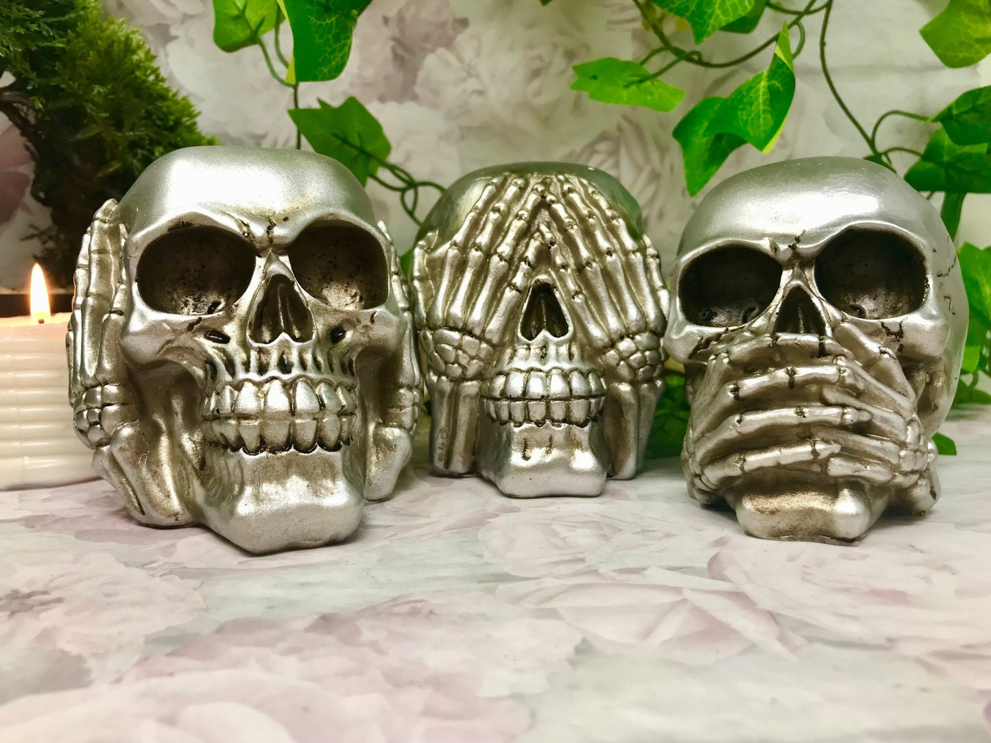 Silver Wise Skulls Set - Gothic Decor Hear, See, Speak No Evil, Handmade Resin Skull Figures, Unique Gothic Ornaments, Mystical Home Accent-Osiris Craftworks