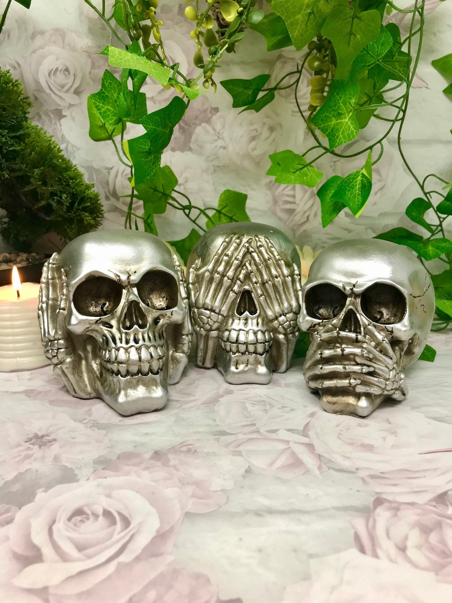 Silver Wise Skulls Set - Gothic Decor Hear, See, Speak No Evil, Handmade Resin Skull Figures, Unique Gothic Ornaments, Mystical Home Accent-Osiris Craftworks