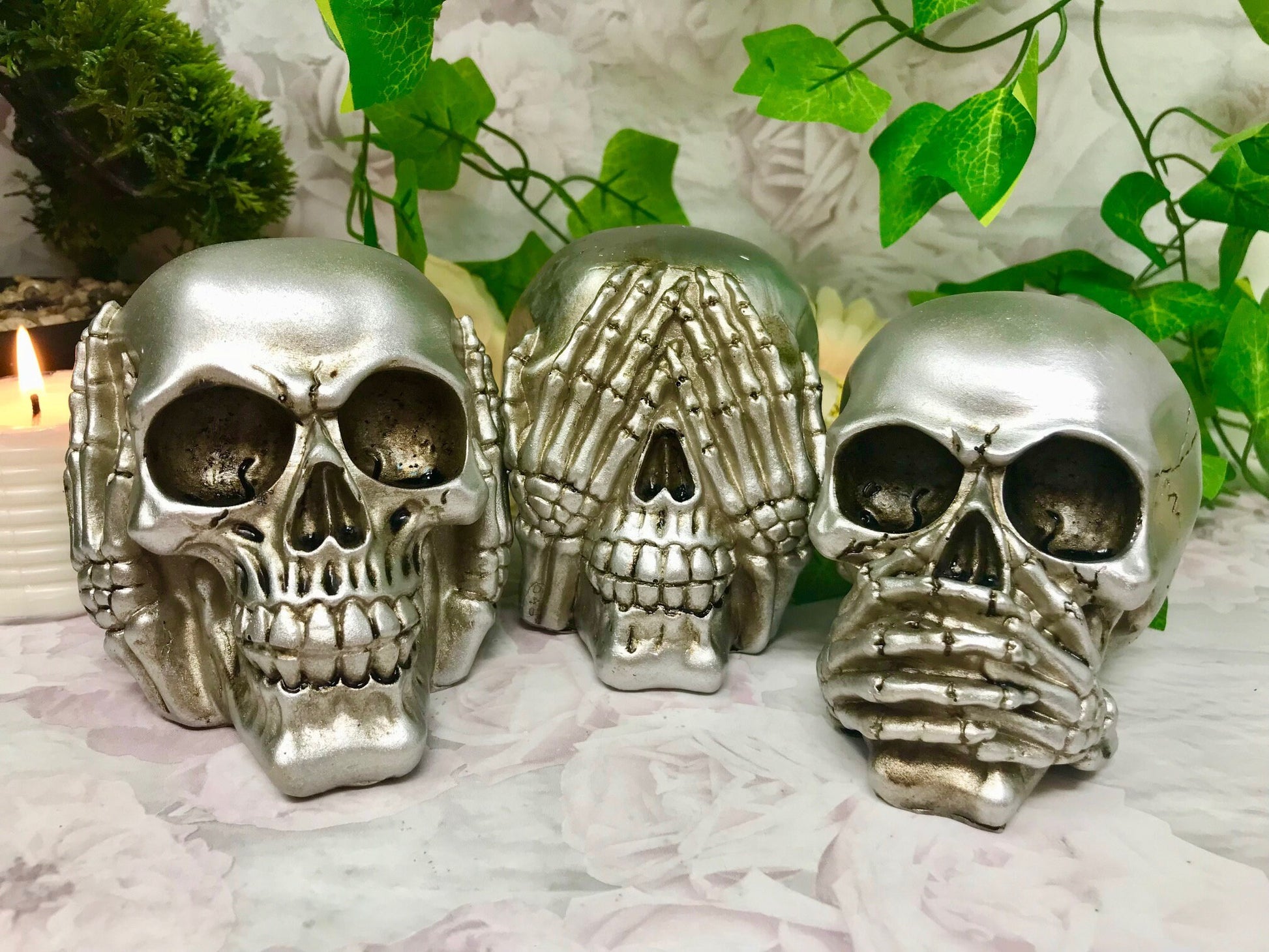 Silver Wise Skulls Set - Gothic Decor Hear, See, Speak No Evil, Handmade Resin Skull Figures, Unique Gothic Ornaments, Mystical Home Accent-Osiris Craftworks