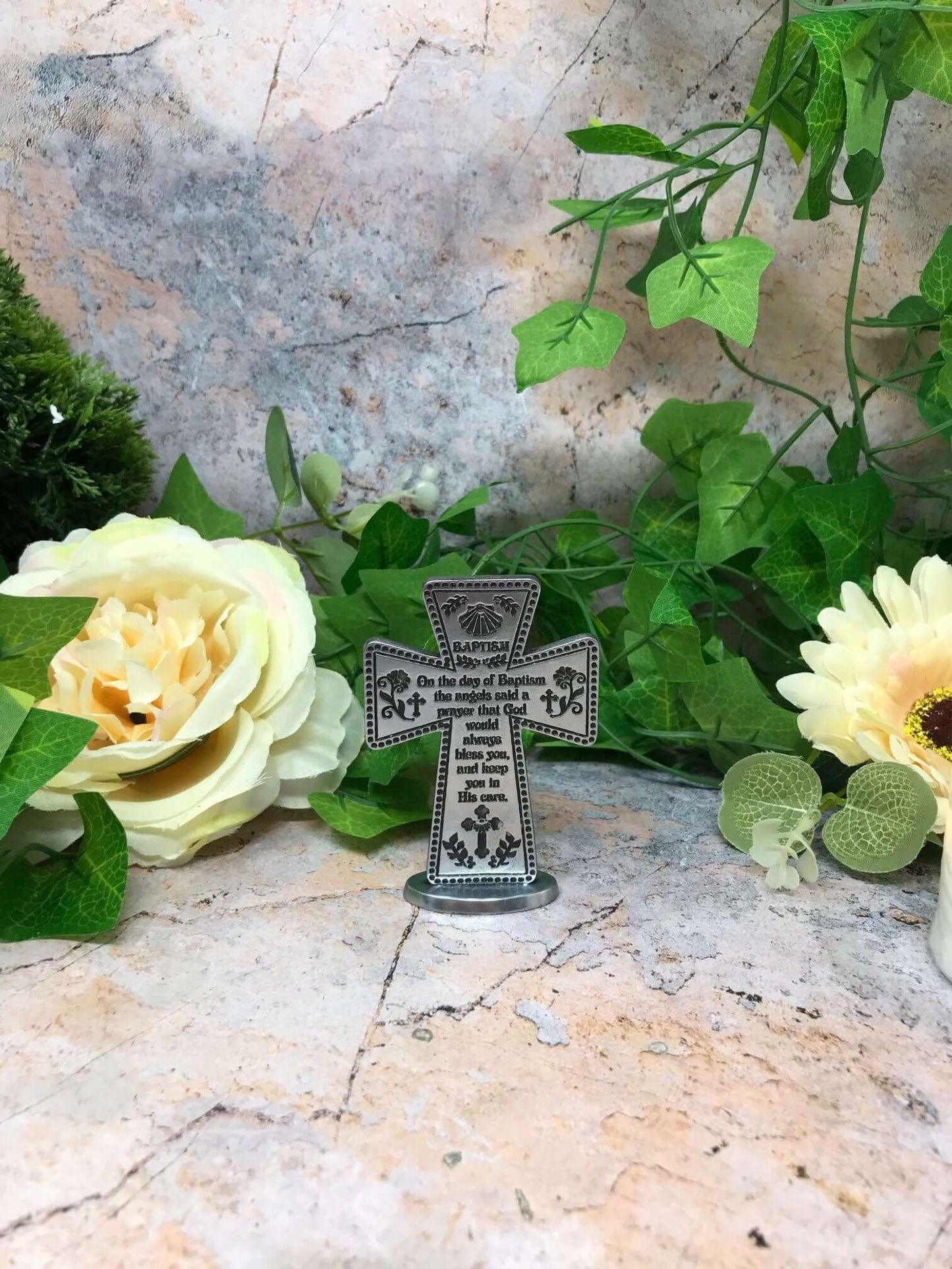 Standing Pewter Baptism Cross Religious Ornament Christianity Ideal Present for a Special Person-Osiris Craftworks