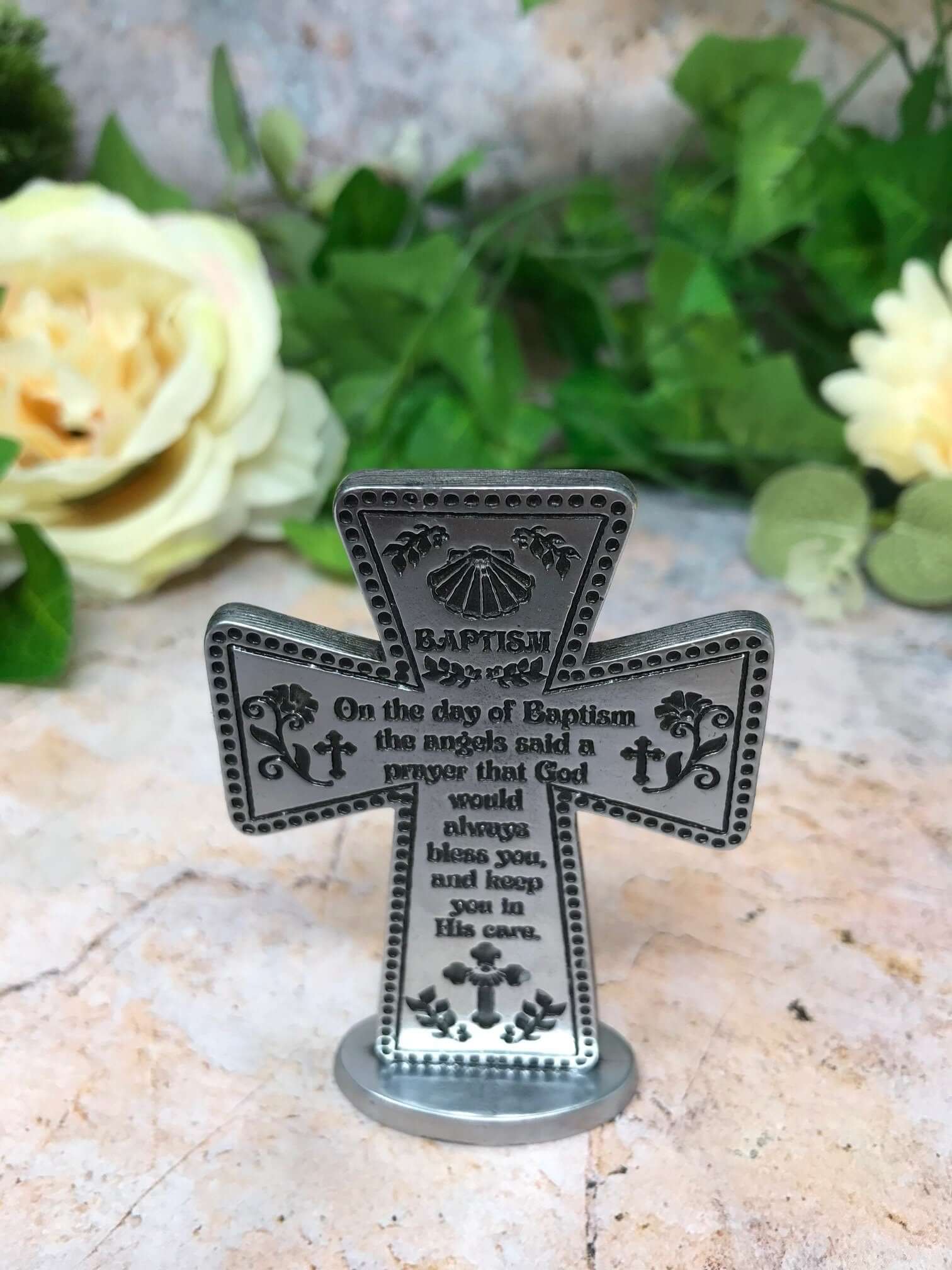 Standing Pewter Baptism Cross Religious Ornament Christianity Ideal Present for a Special Person-Osiris Craftworks