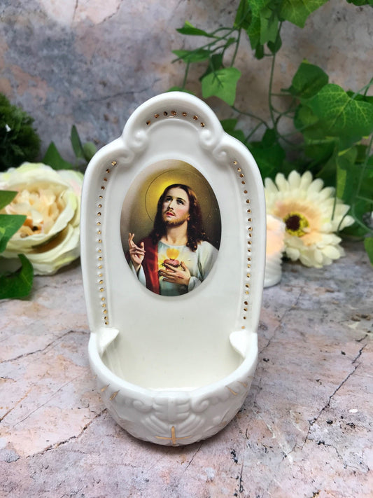 Porcelain Sacred Heart Jesus Holy Water Font Religious Wall Decor Catholic Gift-Osiris Craftworks