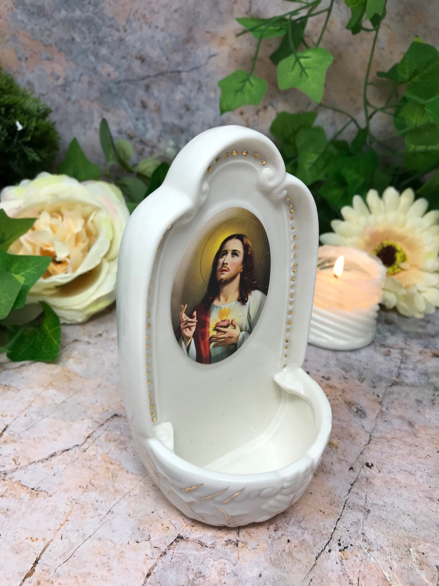 Porcelain Sacred Heart Jesus Holy Water Font Religious Wall Decor Catholic Gift-Osiris Craftworks