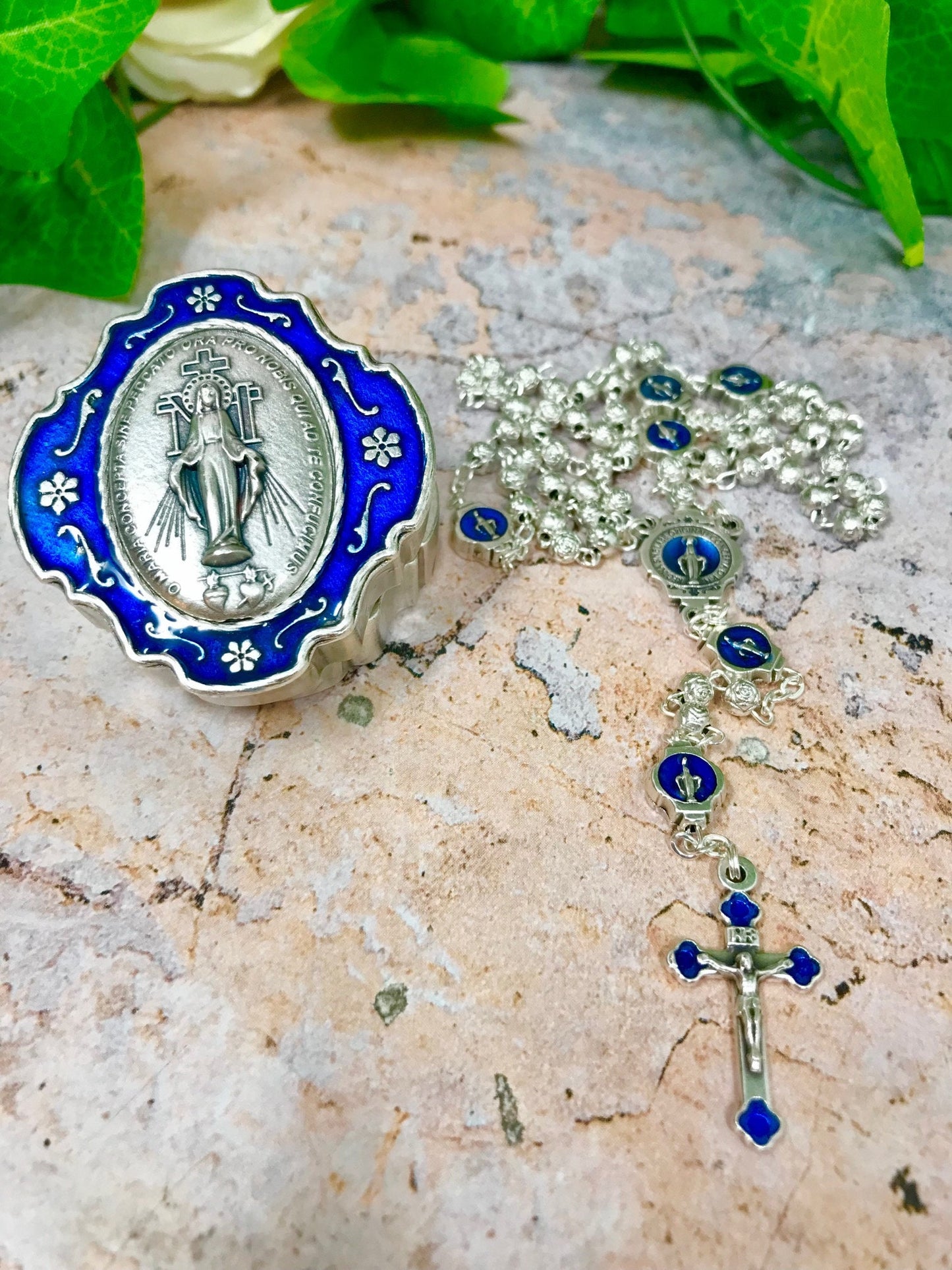 Handmade Our Lady of the Miraculous Metal Rosary Beads with Matching Rosary Box - Spiritual Catholic Prayer Set with Metal Rose Detail