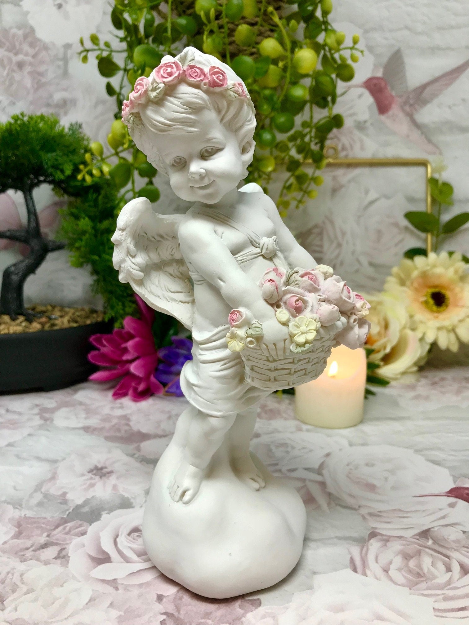 Guardian Angel Figurine Cherub Holding Flowers Statue Ornament Sculpture Gift-Osiris Craftworks