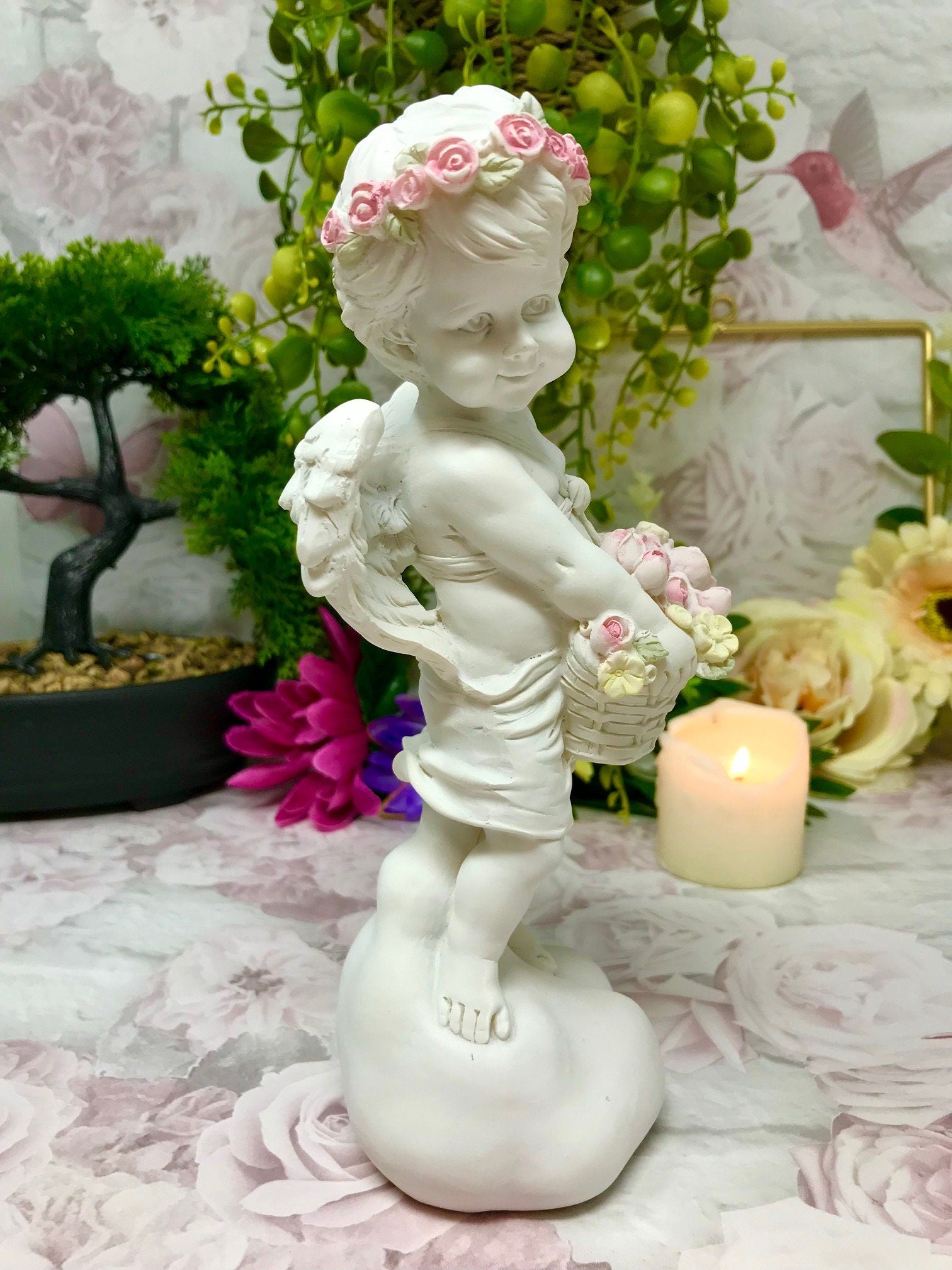 Guardian Angel Figurine Cherub Holding Flowers Statue Ornament Sculpture Gift-Osiris Craftworks