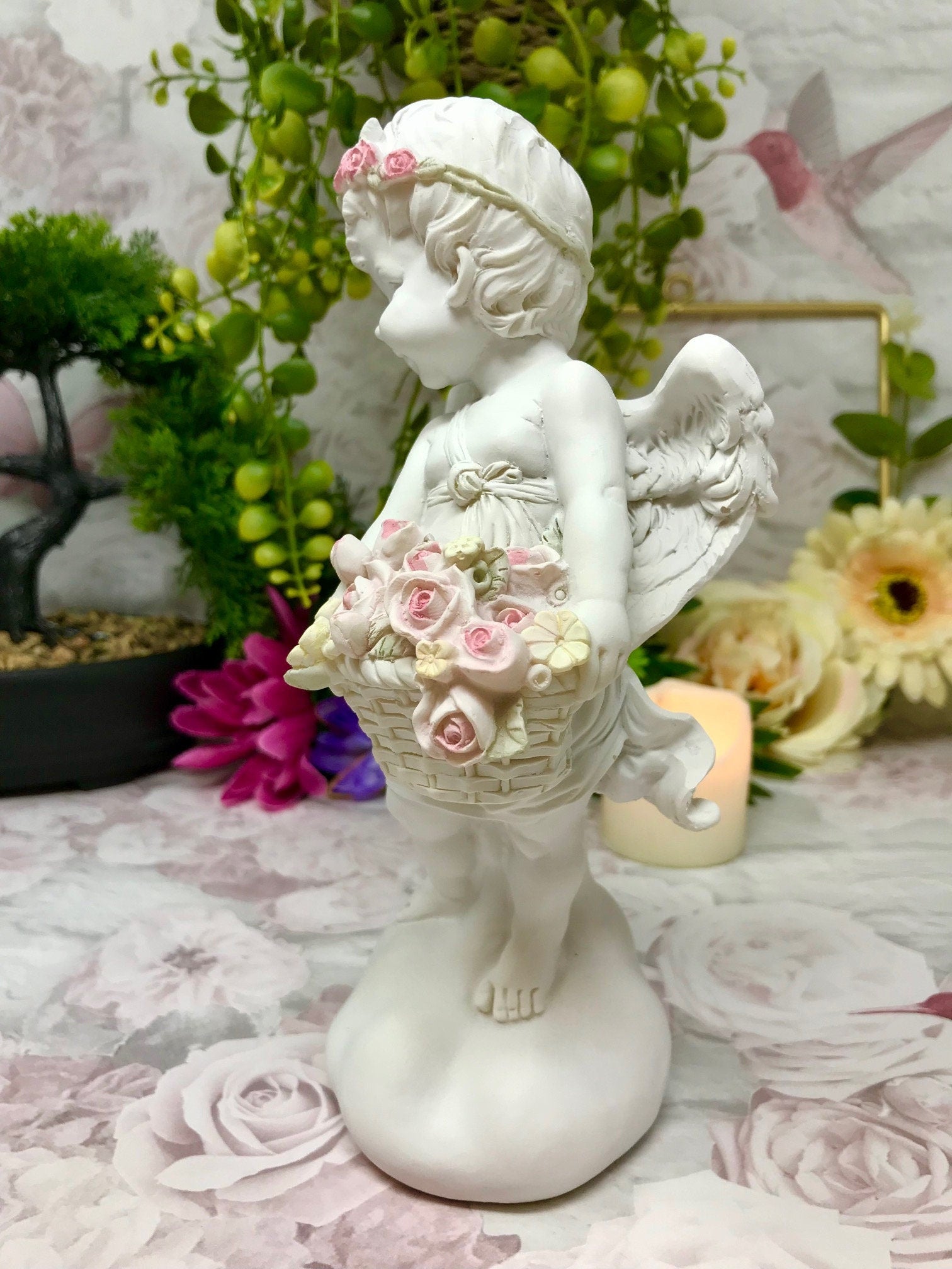 Guardian Angel Figurine Cherub Holding Flowers Statue Ornament Sculpture Gift-Osiris Craftworks