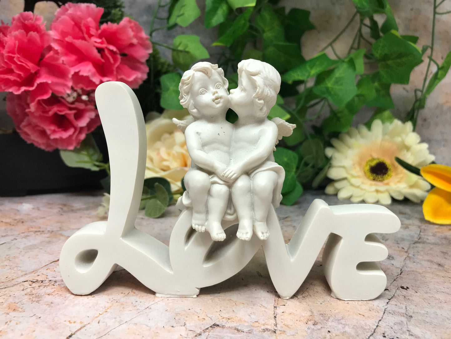 Cherubs on LOVE Word Sculpture, Romantic Figurine, Sweethearts Decor, Love Expression Statue, Heartwarming Couple Gift, Whimsical Love Sign-Osiris Craftworks