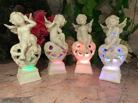 Set of Four Guardian Angel Figurine LED Cherubs Resting on Heart Sculpture Gift-Osiris Craftworks