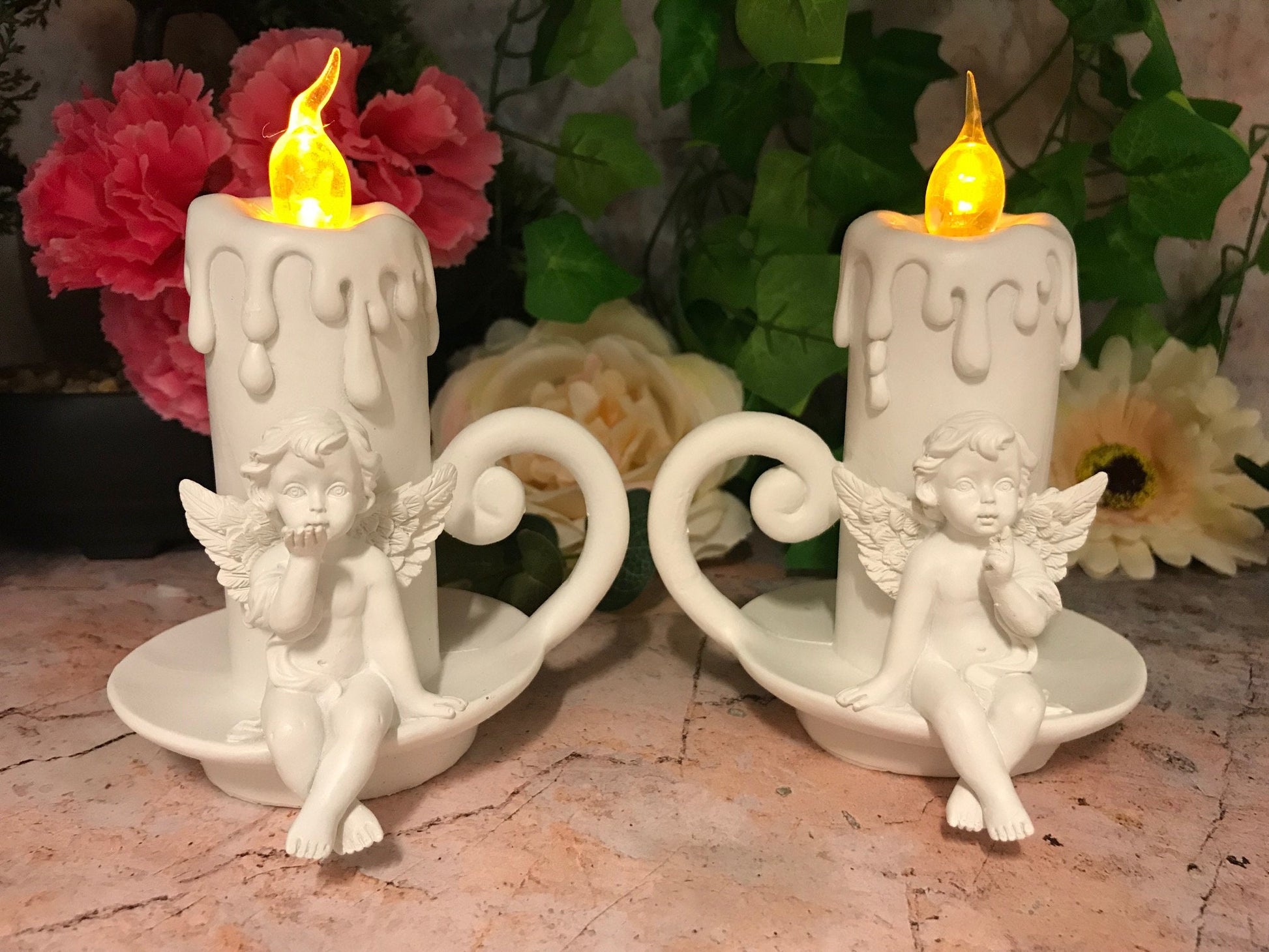 Guardian Angel Cherub LED Candle Holders, Pair of Serene Angels with Light, Spiritual Home Decor Angelic Ambiance Lights Thoughtful Gift Set-Osiris Craftworks