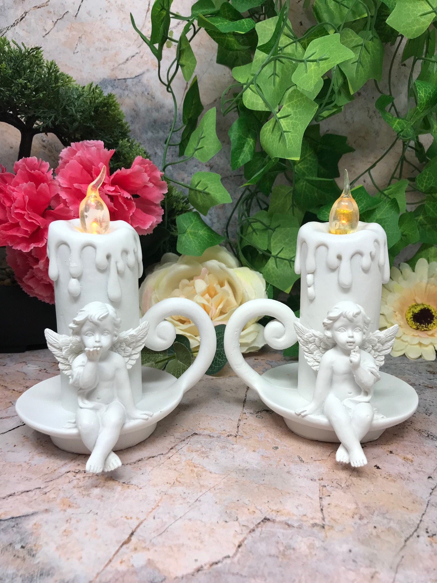 Guardian Angel Cherub LED Candle Holders, Pair of Serene Angels with Light, Spiritual Home Decor Angelic Ambiance Lights Thoughtful Gift Set-Osiris Craftworks