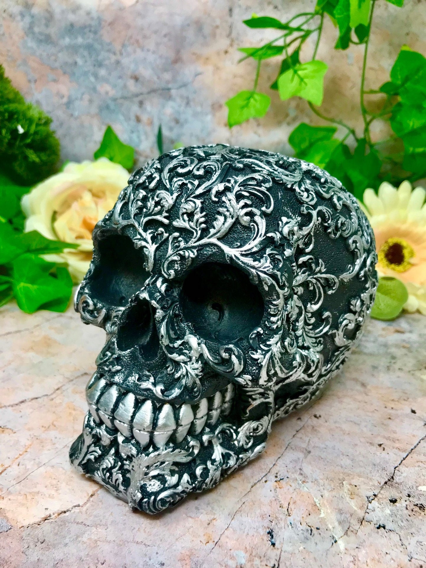 Novelty Floral Decay Black and Silver Skull Ornament Figure Skulls Collection Sculpture Home Decoration Gothic Decor-Osiris Craftworks