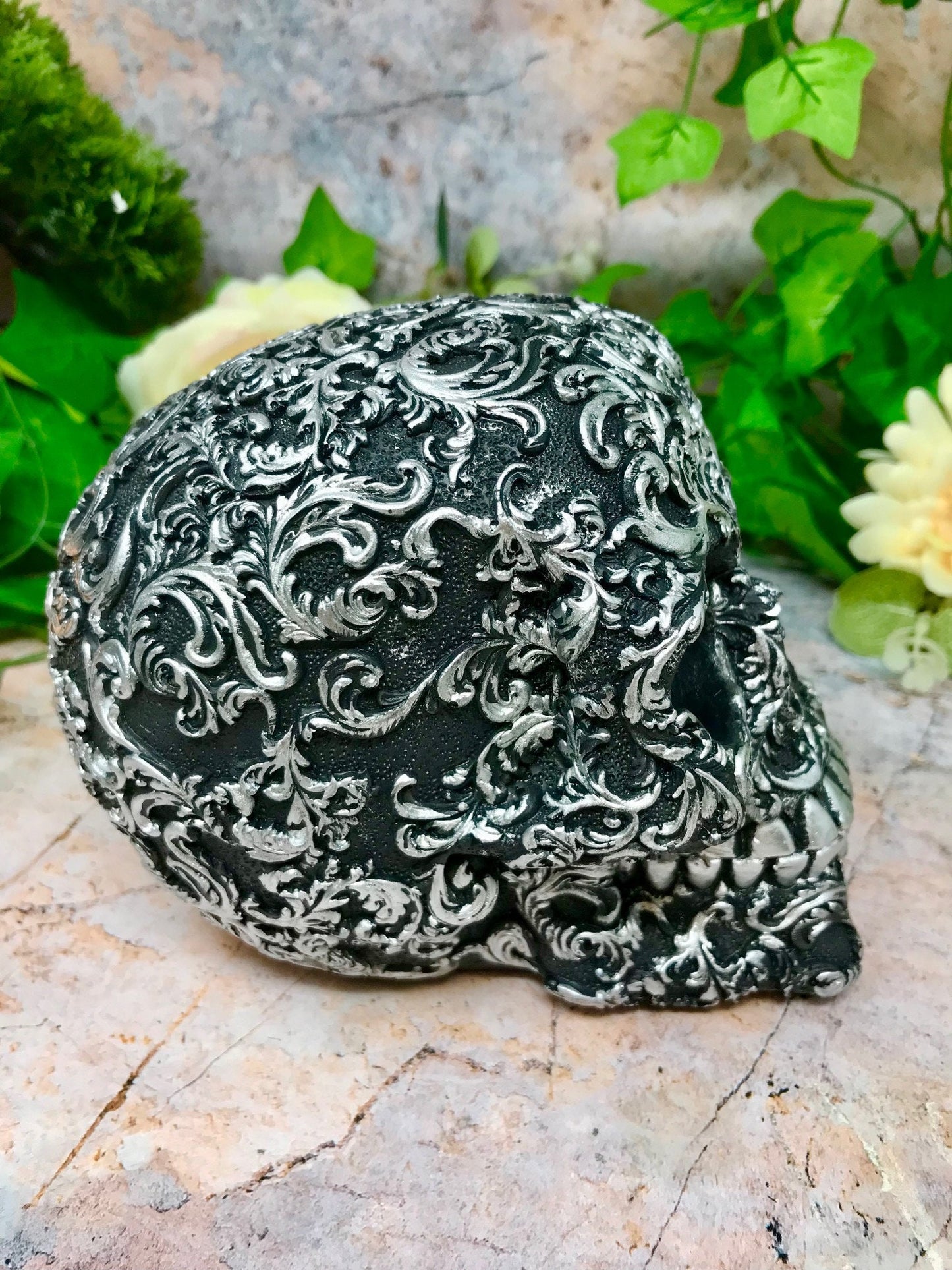 Novelty Floral Decay Black and Silver Skull Ornament Figure Skulls Collection Sculpture Home Decoration Gothic Decor-Osiris Craftworks