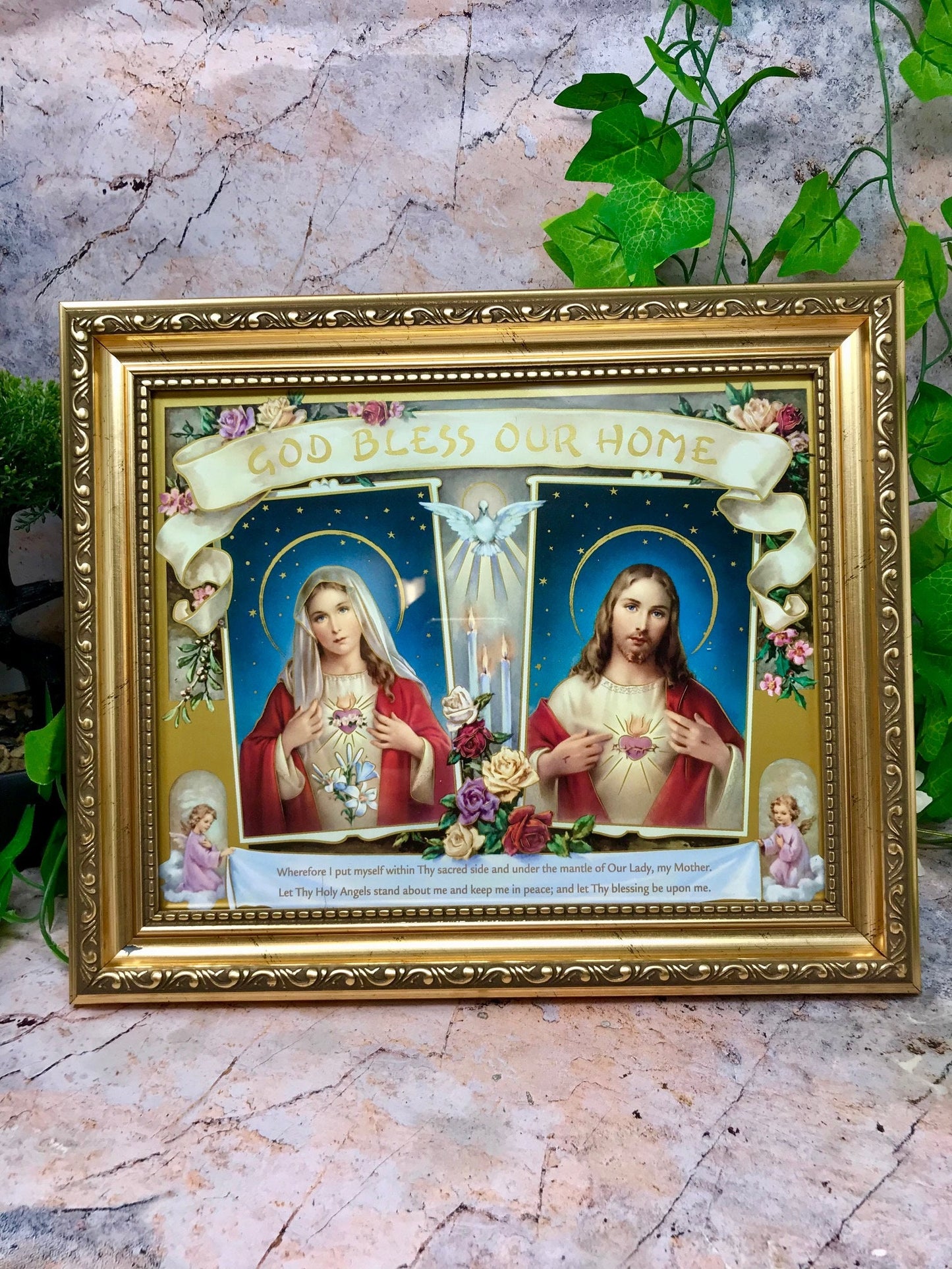 Laminated Framed Picture God Bless Our Home Jesus and Mary Christianity Religious Decor Freestanding-Osiris Craftworks