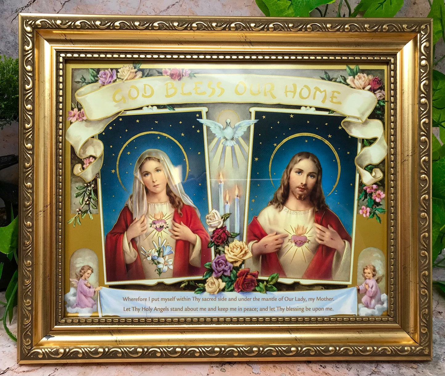 Laminated Framed Picture God Bless Our Home Jesus and Mary Christianity Religious Decor Freestanding-Osiris Craftworks