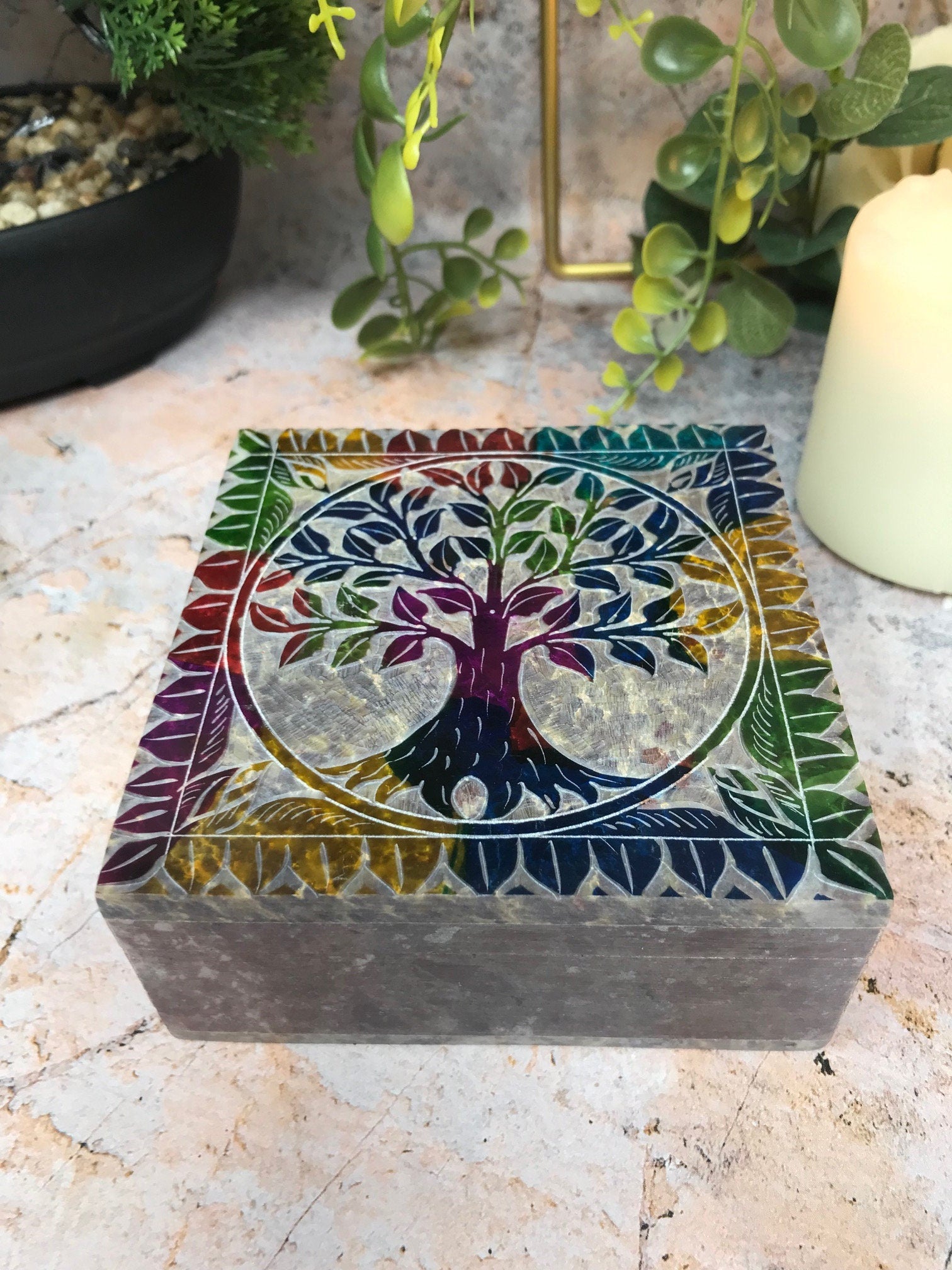 Soapstone Tree of Life Box Altar Decor, Engraved Stone Keepsake, Artisan Crafted Jewellery Trinket Box, Spiritual Home Vibrant Feng Shui Art-Osiris Craftworks