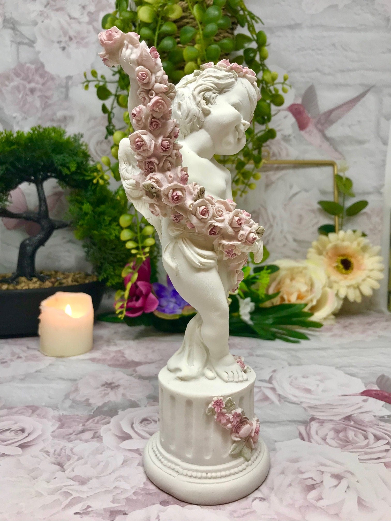 Cherubic Rose Adorned Angel Statue, Elegant Resin Cherub with Floral Garland - Romantic Home Decor Figurine-Osiris Craftworks