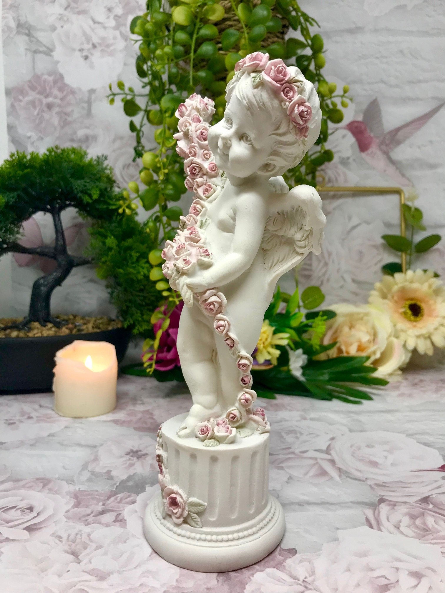 Cherubic Rose Adorned Angel Statue, Elegant Resin Cherub with Floral Garland - Romantic Home Decor Figurine-Osiris Craftworks