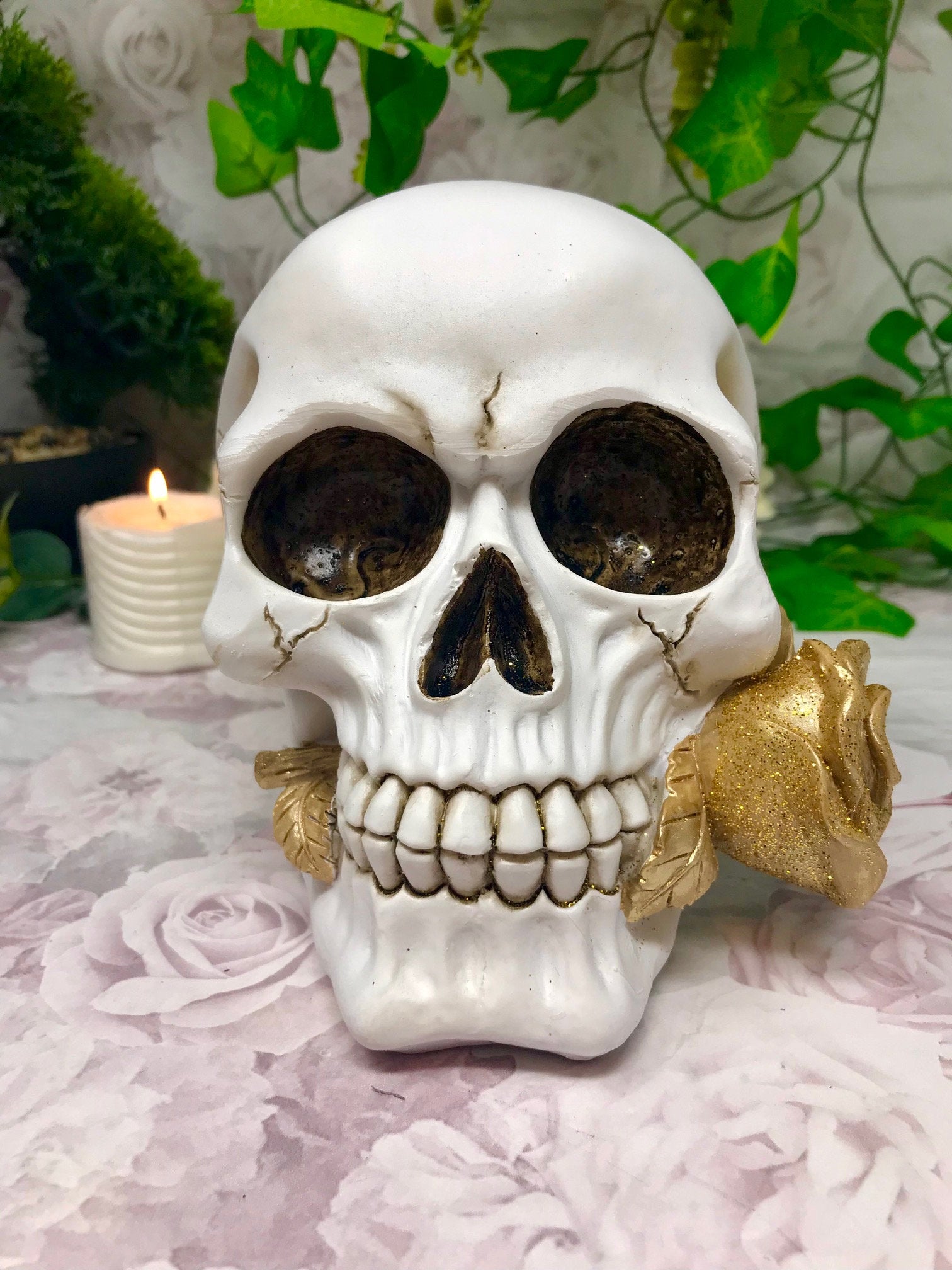 Handmade Novelty Skull with Gold Rose Ornament - Gothic Home Decoration, Skull Sculpture, Quality Cold Cast Resin, Unique Skulls Collection-Osiris Craftworks