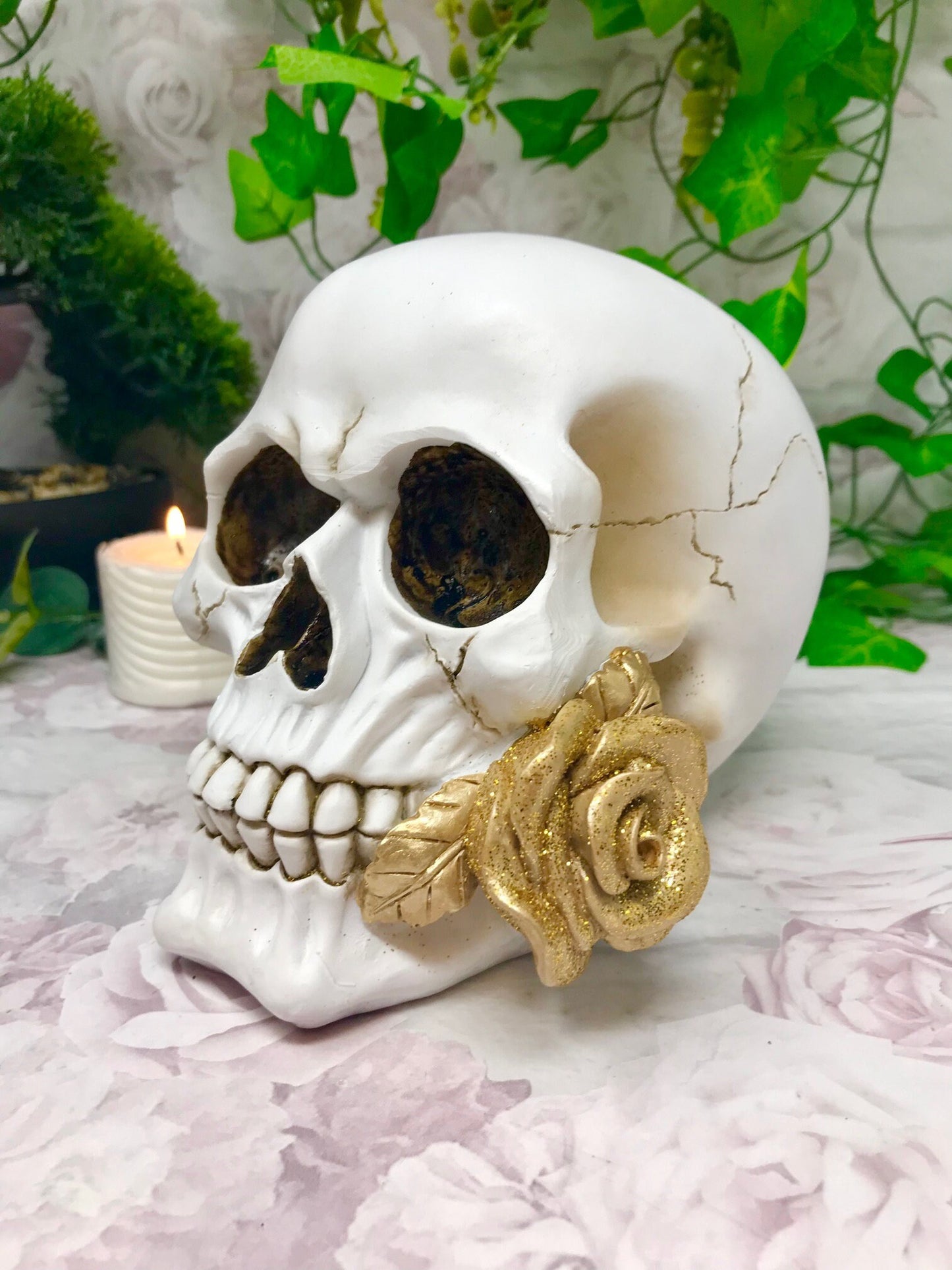 Handmade Novelty Skull with Gold Rose Ornament - Gothic Home Decoration, Skull Sculpture, Quality Cold Cast Resin, Unique Skulls Collection-Osiris Craftworks