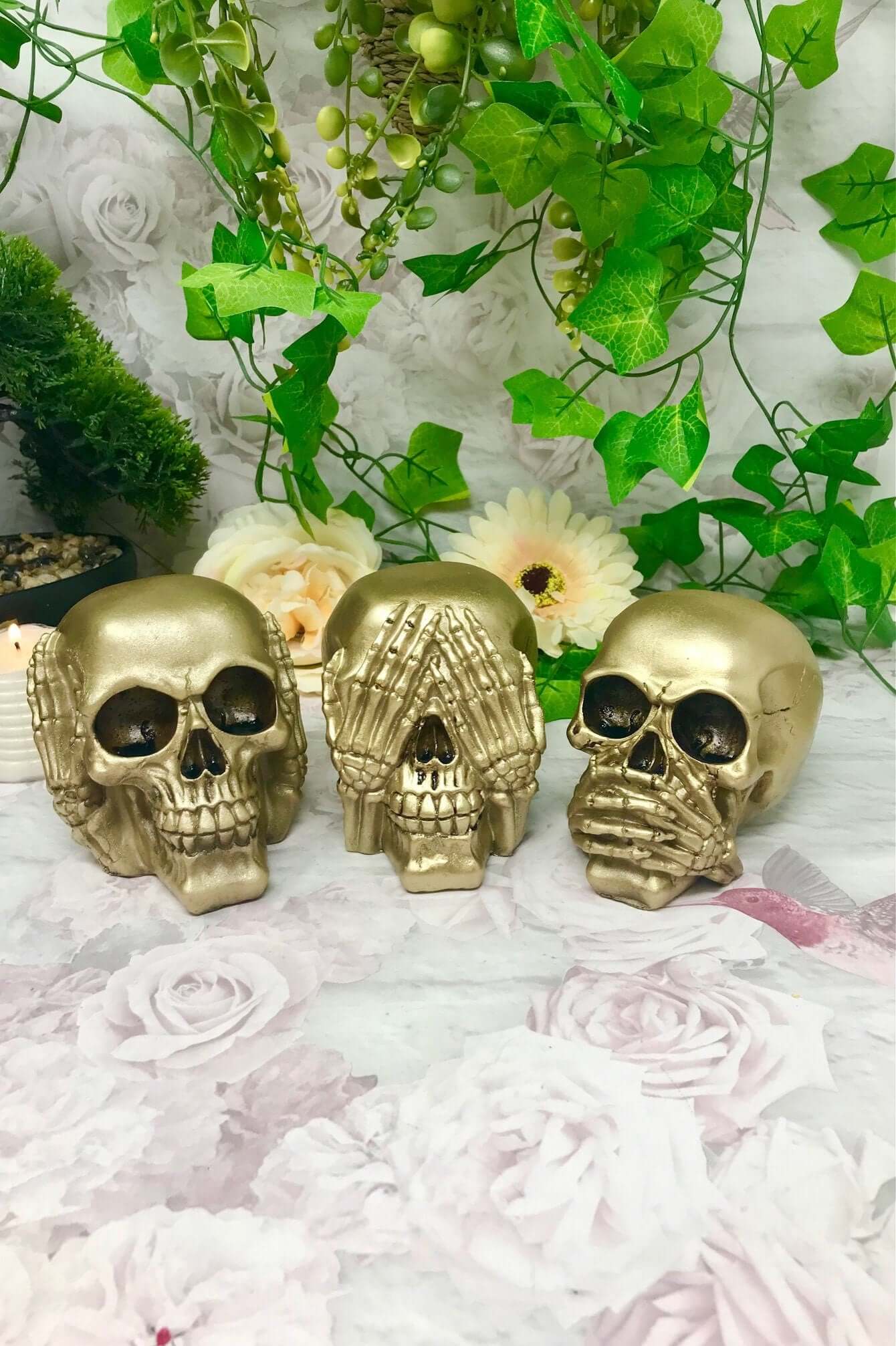 Golden Trio of Wisdom Skulls Figurines, Gothic Hear See Speak No Evil Decor, Resin Skull Ornaments, Mystical Gothic Art, Unique Home Accent-Osiris Craftworks