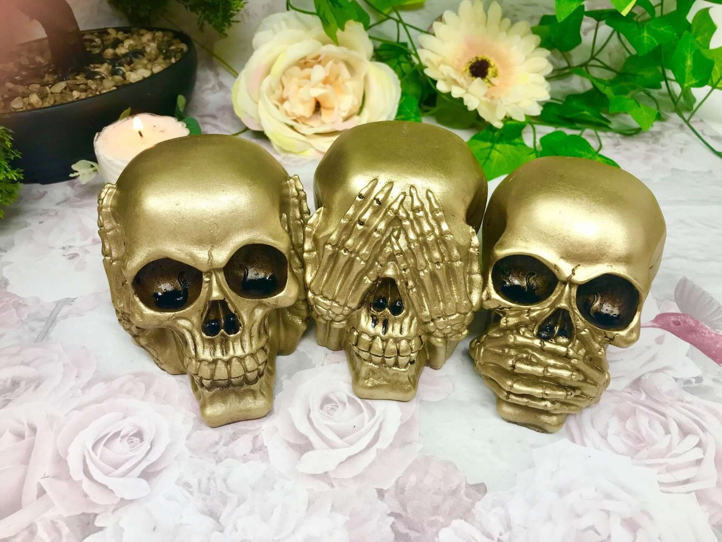 Golden Trio of Wisdom Skulls Figurines, Gothic Hear See Speak No Evil Decor, Resin Skull Ornaments, Mystical Gothic Art, Unique Home Accent-Osiris Craftworks