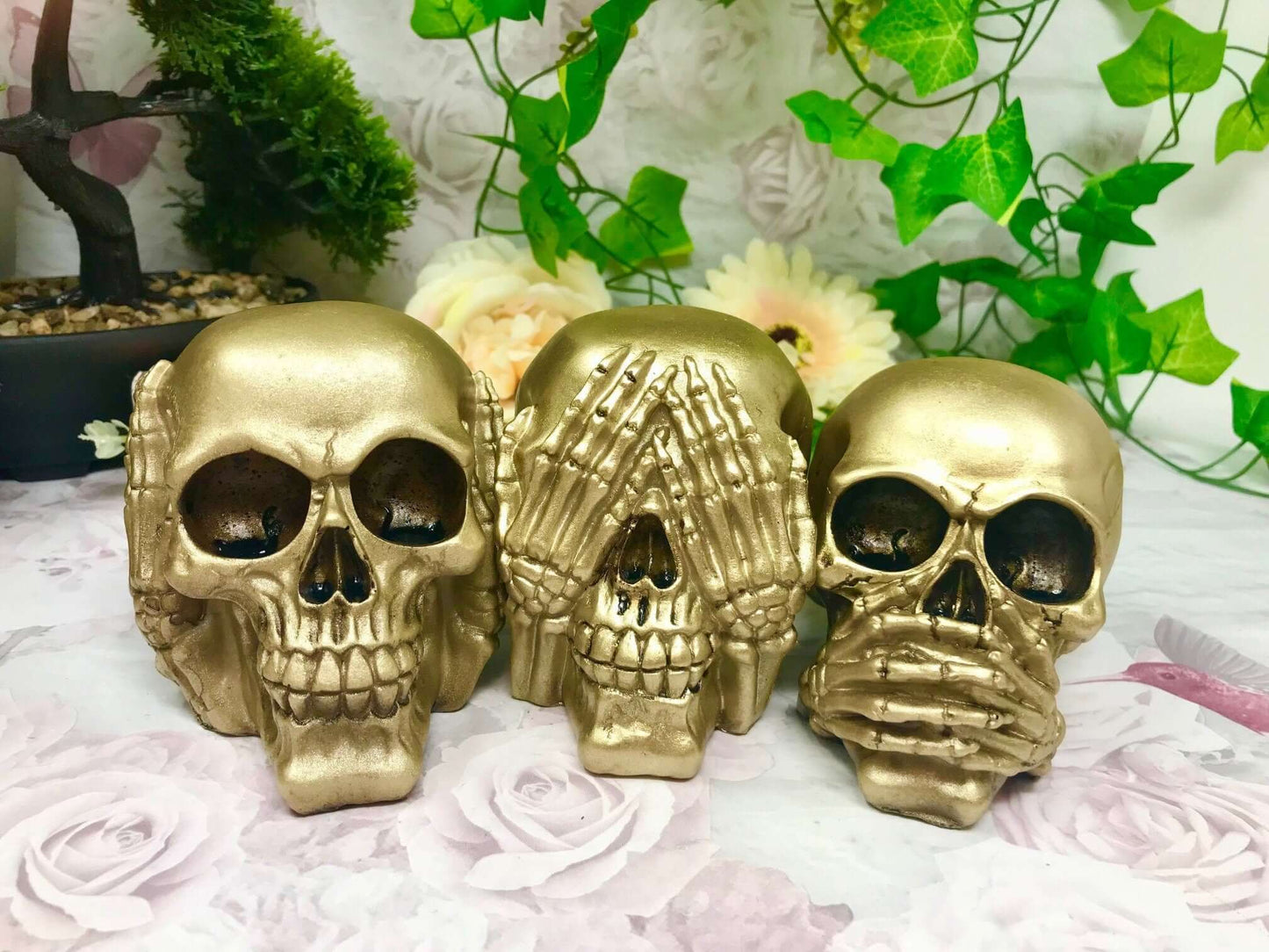 Golden Trio of Wisdom Skulls Figurines, Gothic Hear See Speak No Evil Decor, Resin Skull Ornaments, Mystical Gothic Art, Unique Home Accent-Osiris Craftworks